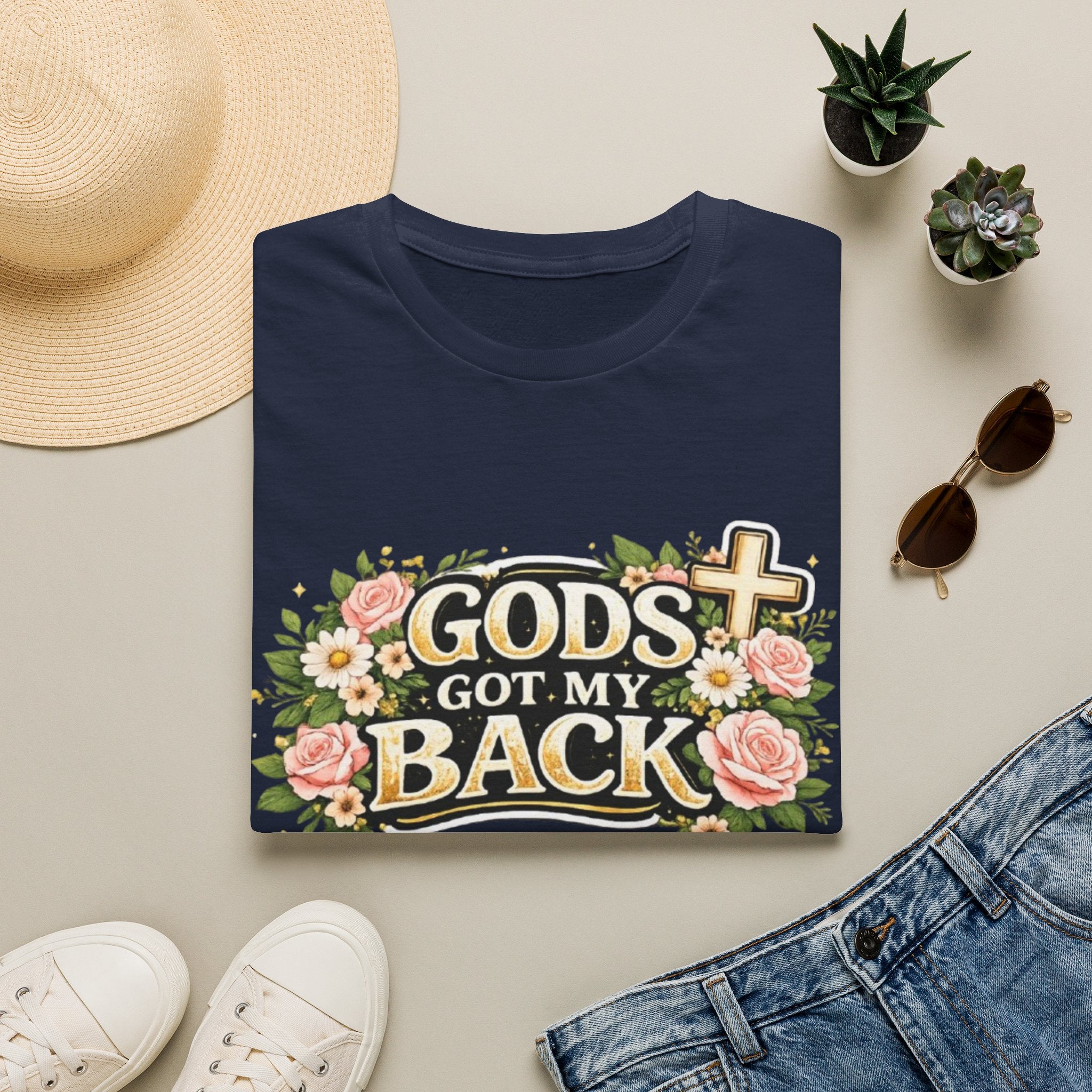 Faith T-Shirt — "God's Got My Back" Floral Cross Christian Tee