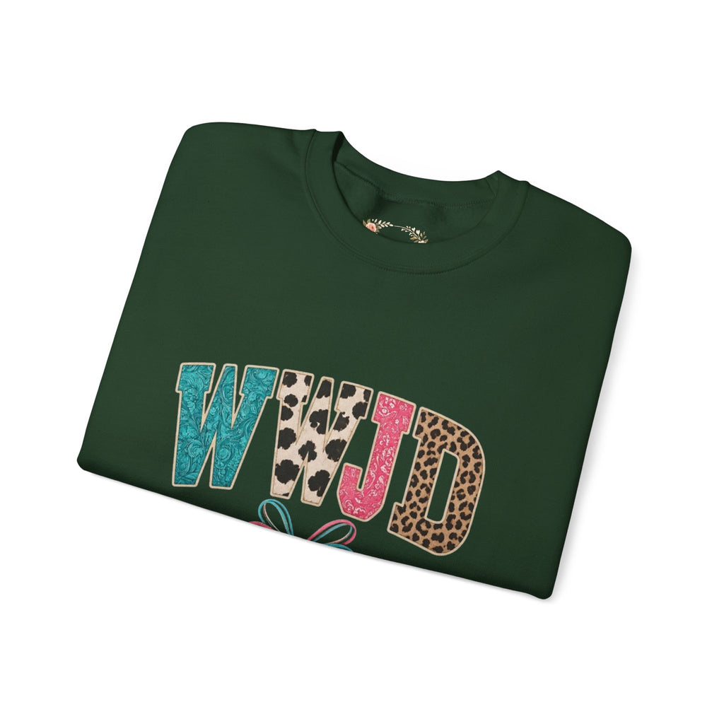 WJJD Patterned Letter Crewneck Sweatshirt — Leopard & Turquoise Accent