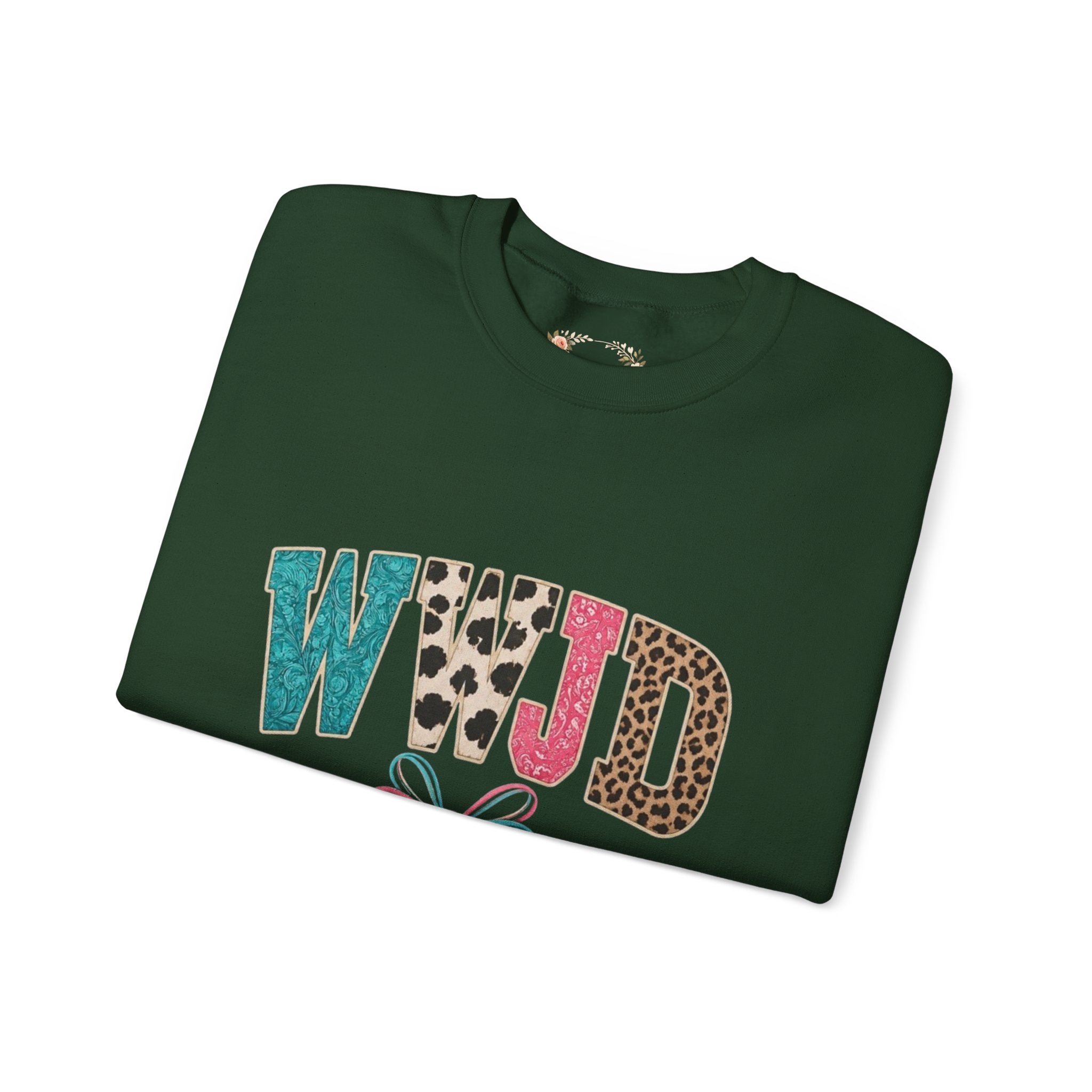 WJJD Patterned Letter Crewneck Sweatshirt — Leopard & Turquoise Accent