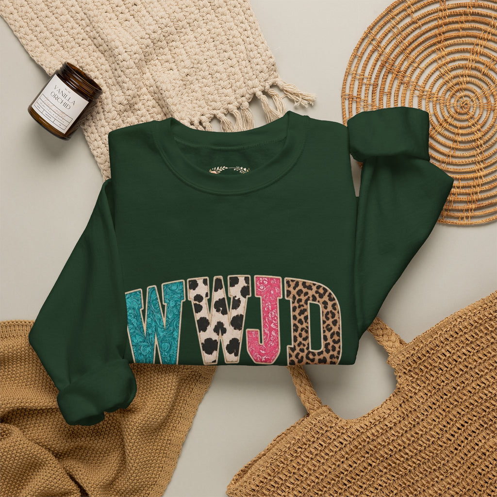 WJJD Patterned Letter Crewneck Sweatshirt — Leopard & Turquoise Accent