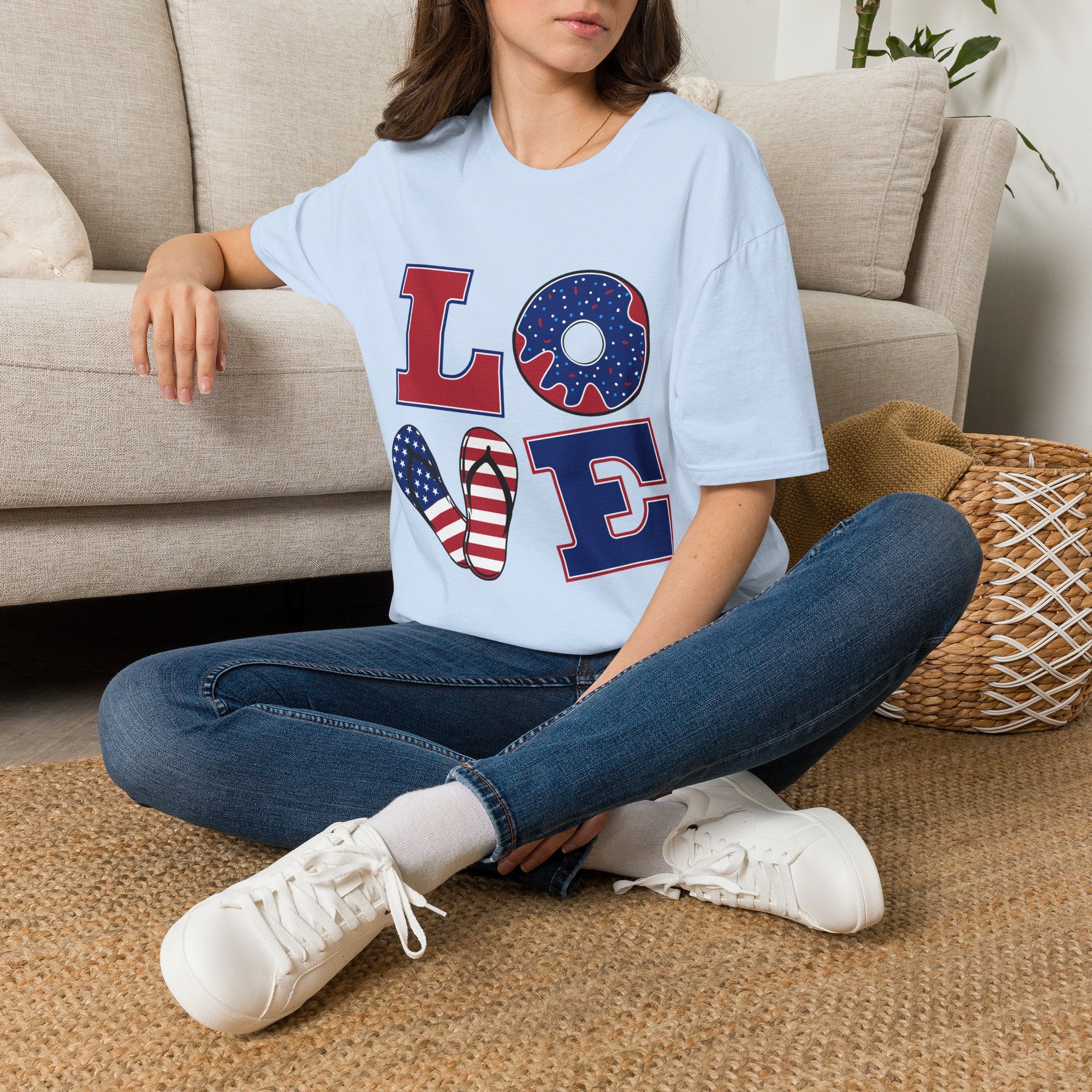 Patriotic 'LOVE' T-Shirt — American Flag Donut & Flip-Flop Graphic Tee