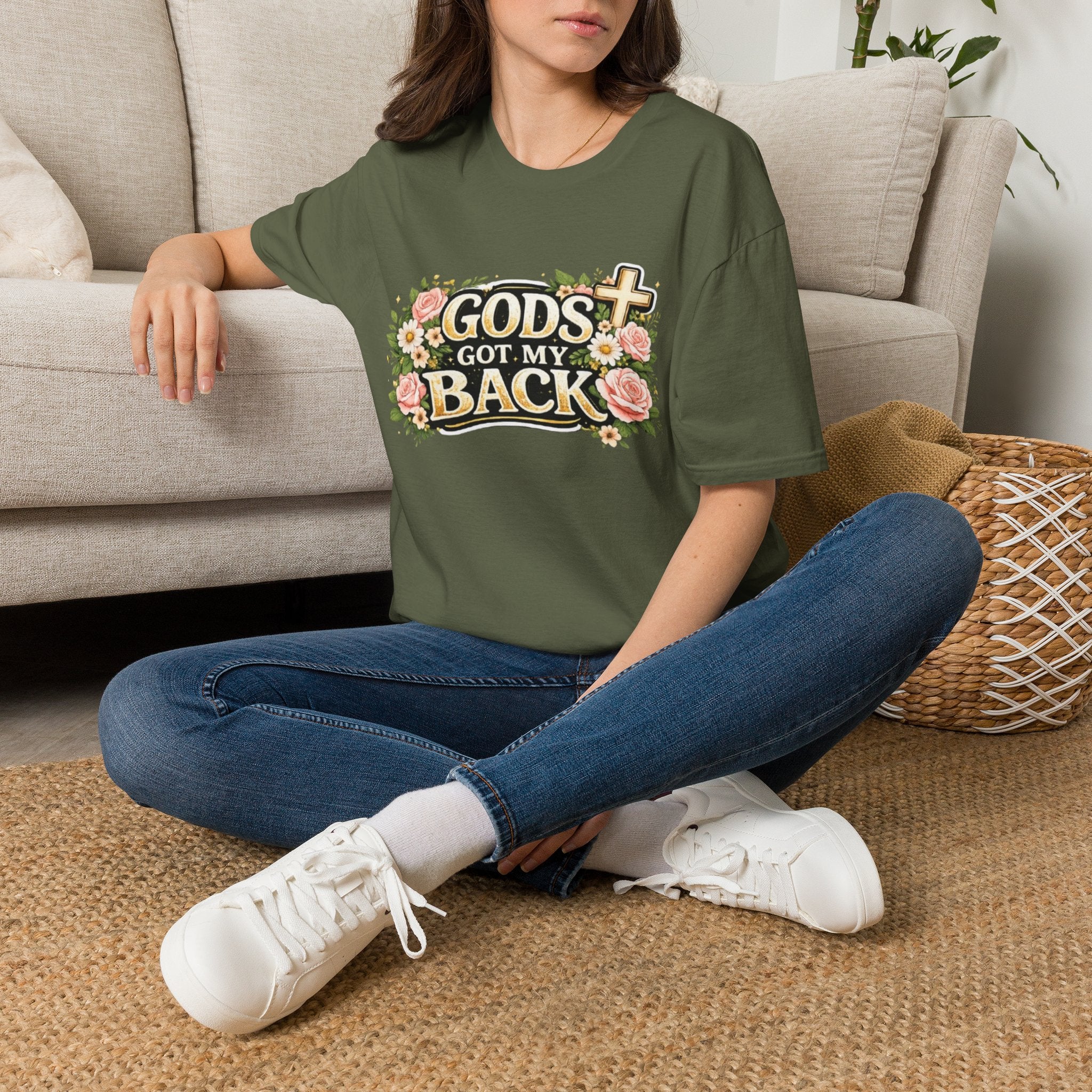 Faith T-Shirt — "God's Got My Back" Floral Cross Christian Tee
