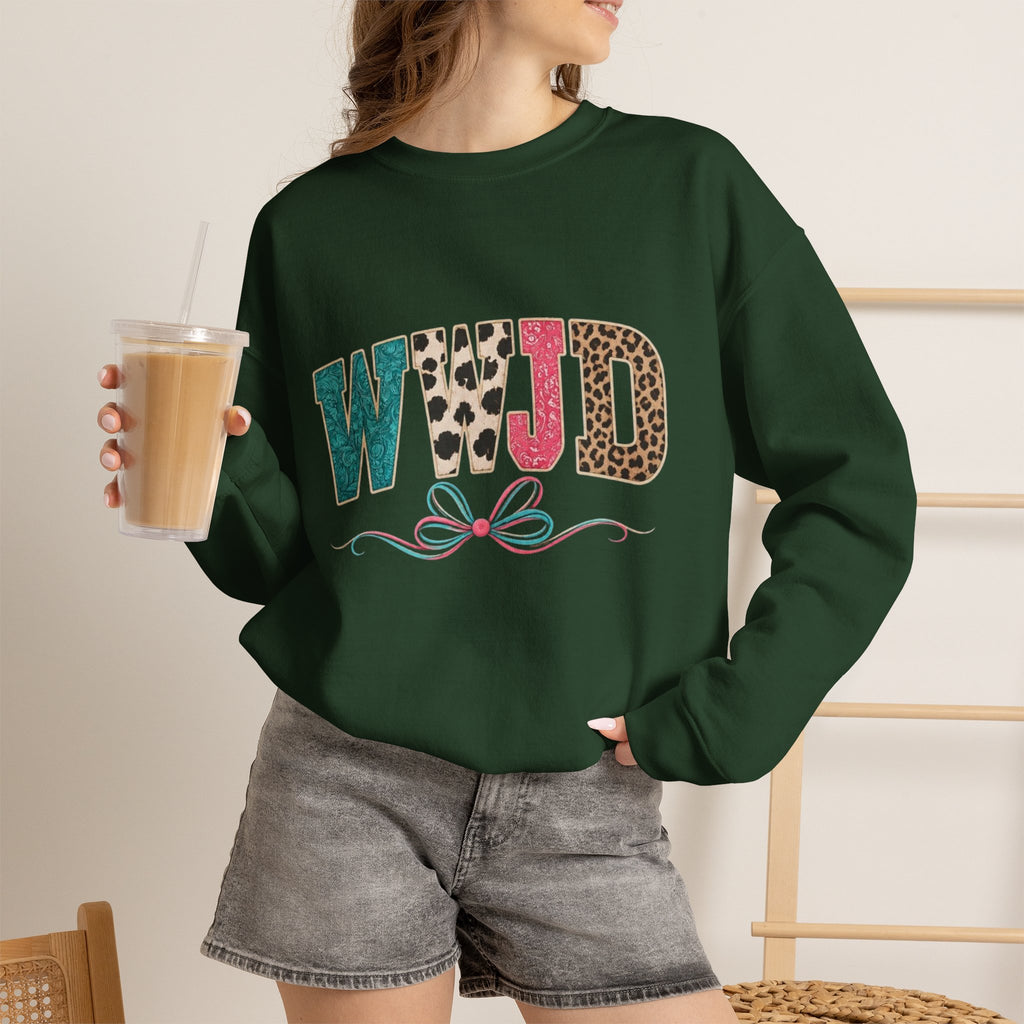 WJJD Patterned Letter Crewneck Sweatshirt — Leopard & Turquoise Accent