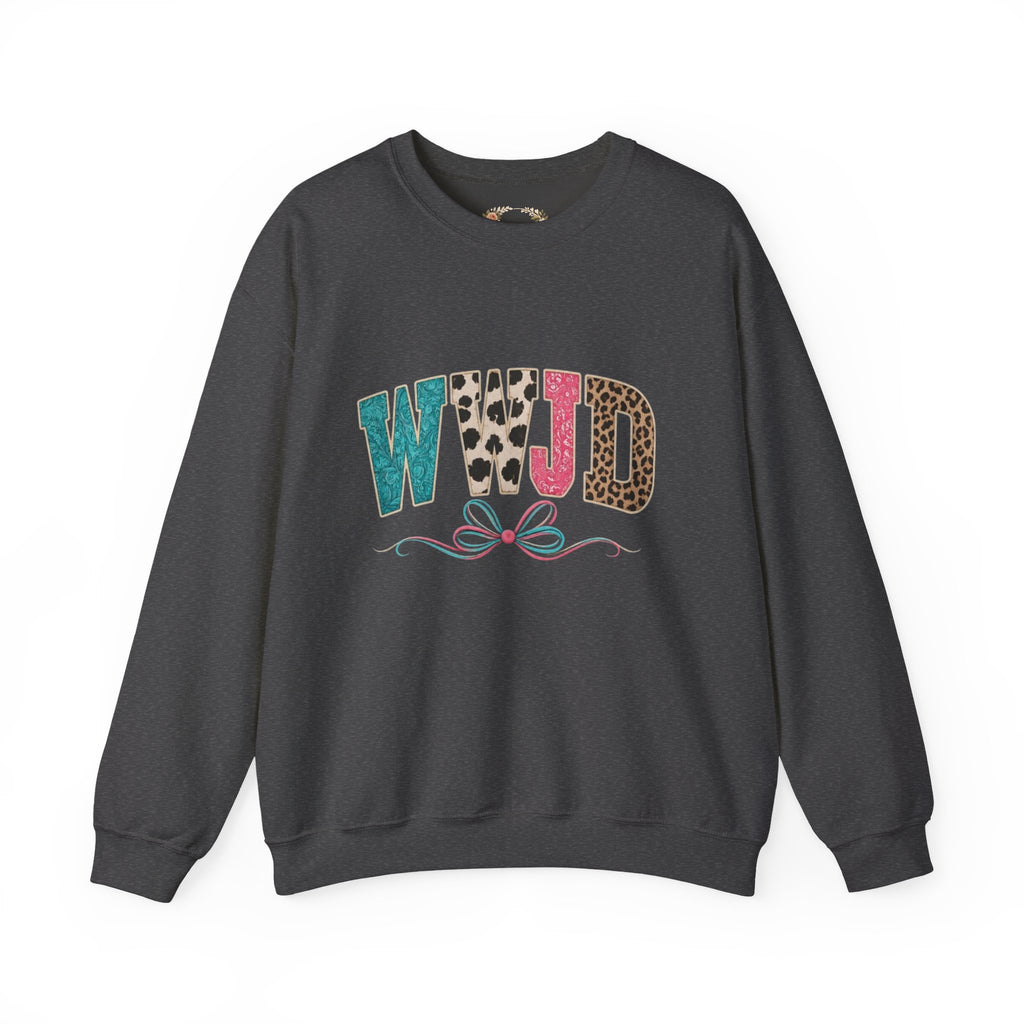 WJJD Patterned Letter Crewneck Sweatshirt — Leopard & Turquoise Accent