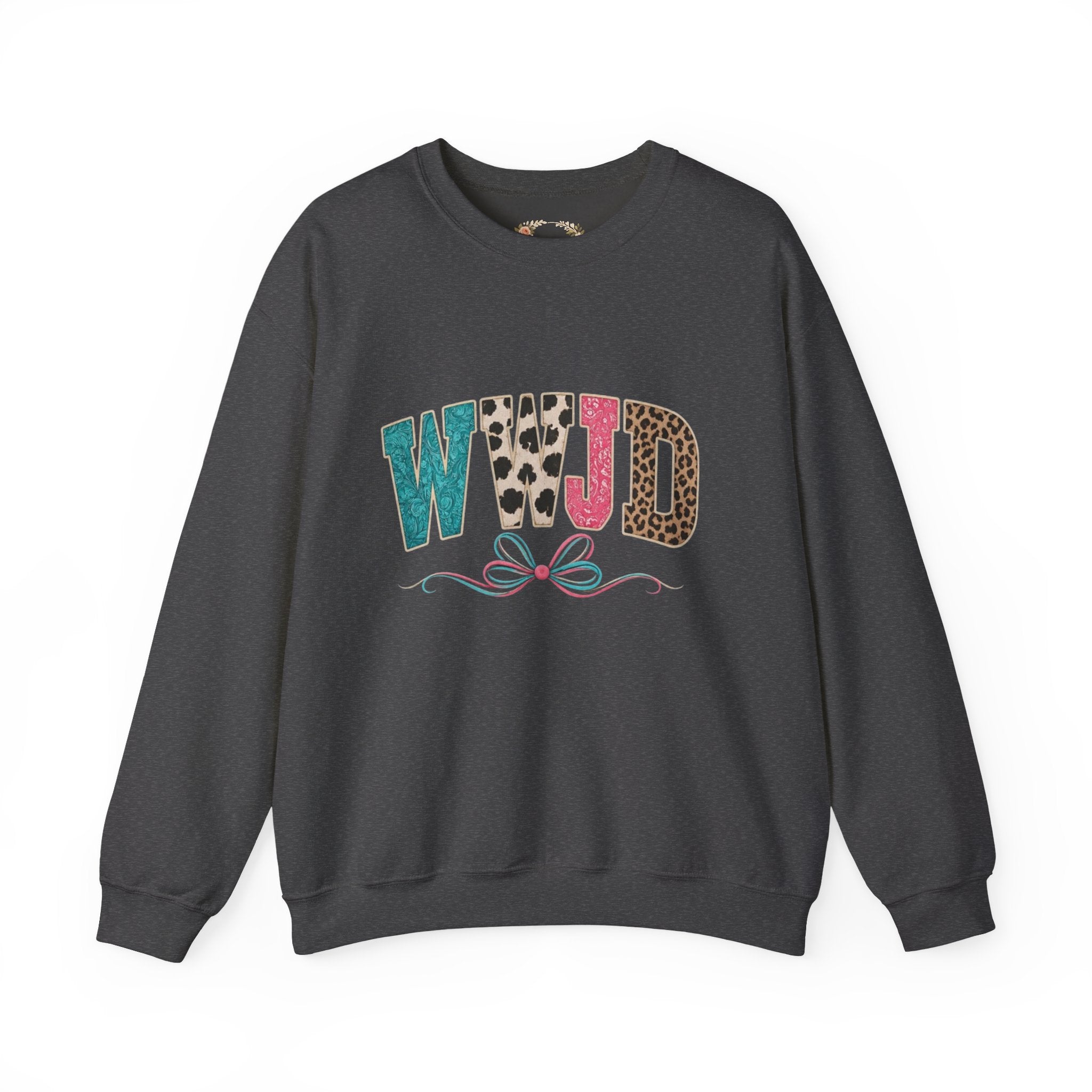 WJJD Patterned Letter Crewneck Sweatshirt — Leopard & Turquoise Accent