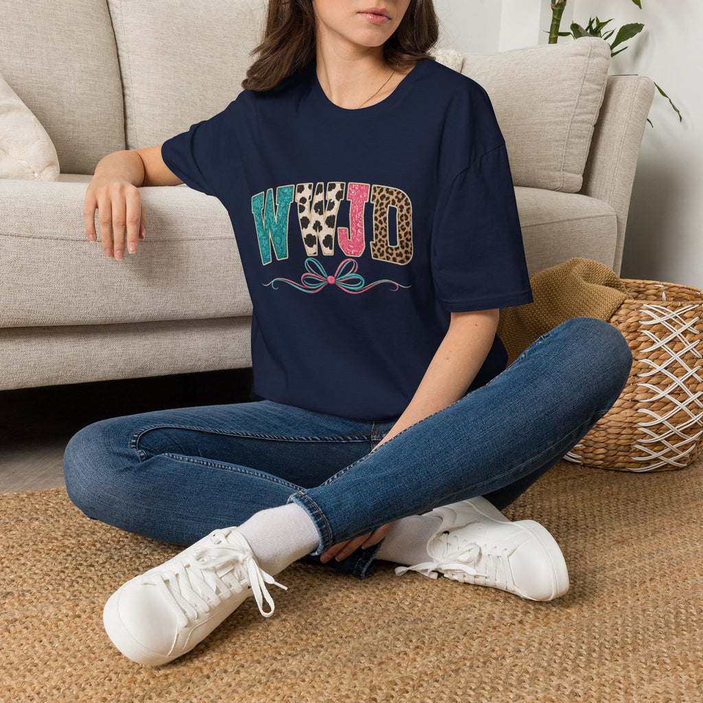 WWJD Leopard & Teal Graphic T-Shirt — Vintage Bow Faith Tee