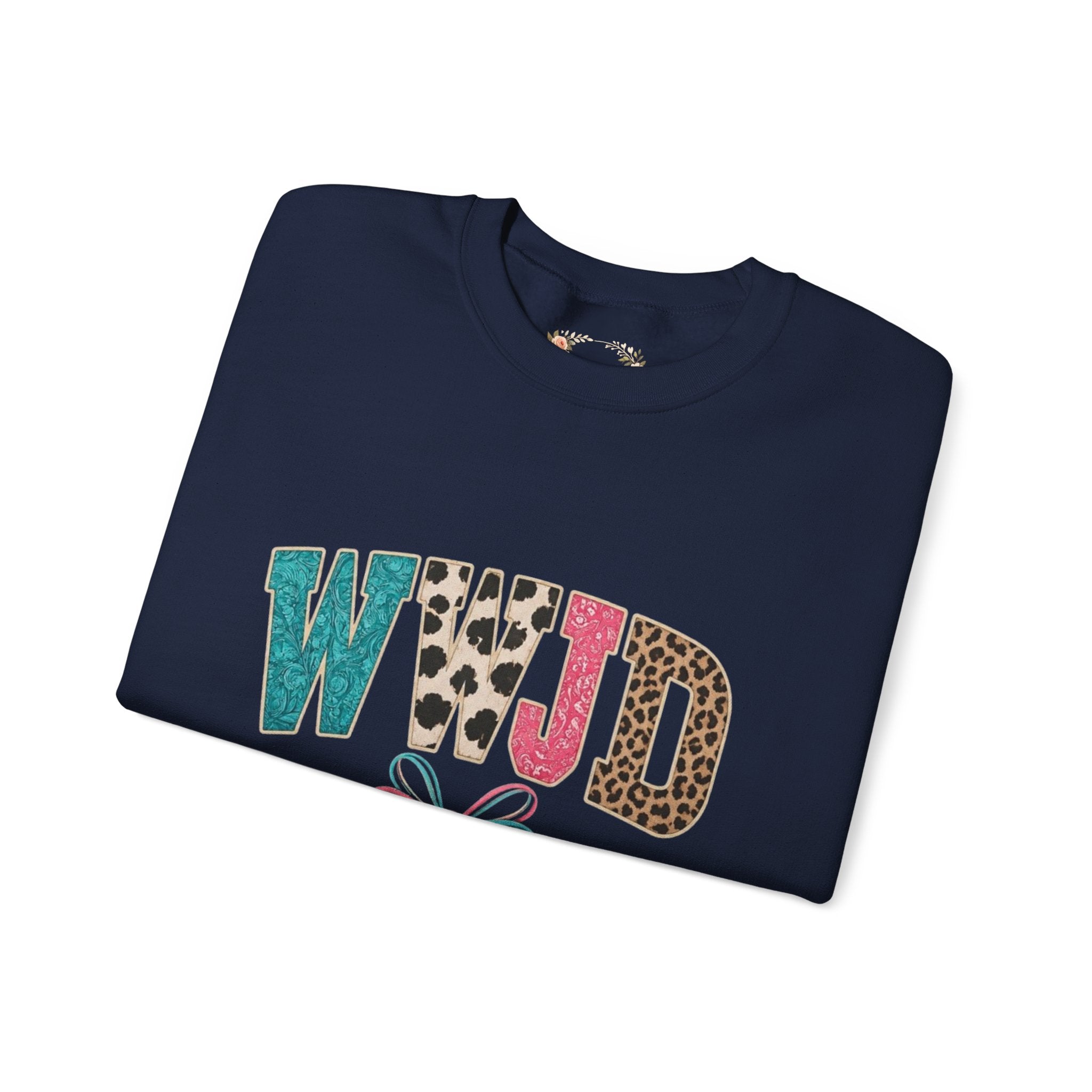 WJJD Patterned Letter Crewneck Sweatshirt — Leopard & Turquoise Accent