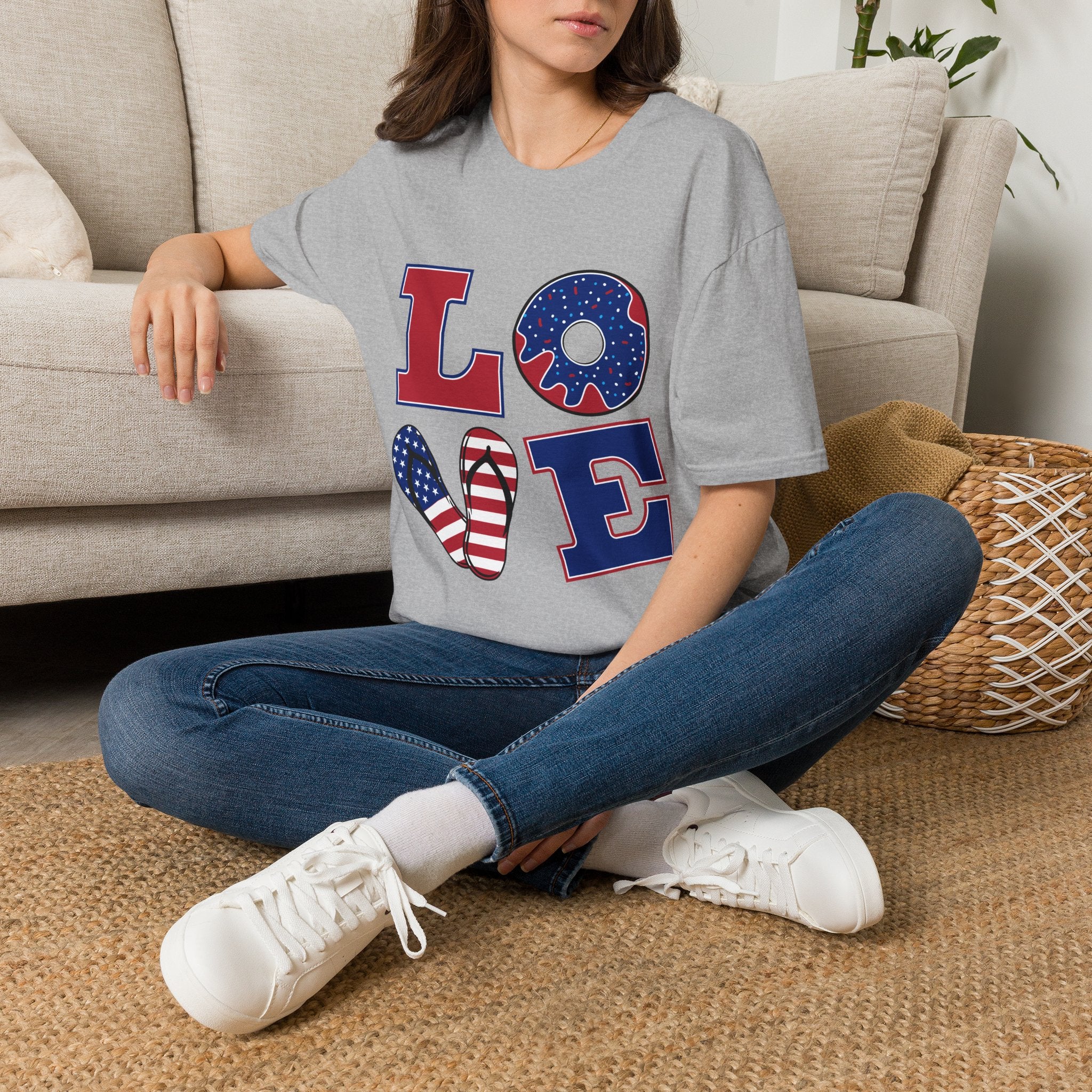 Patriotic 'LOVE' T-Shirt — American Flag Donut & Flip-Flop Graphic Tee