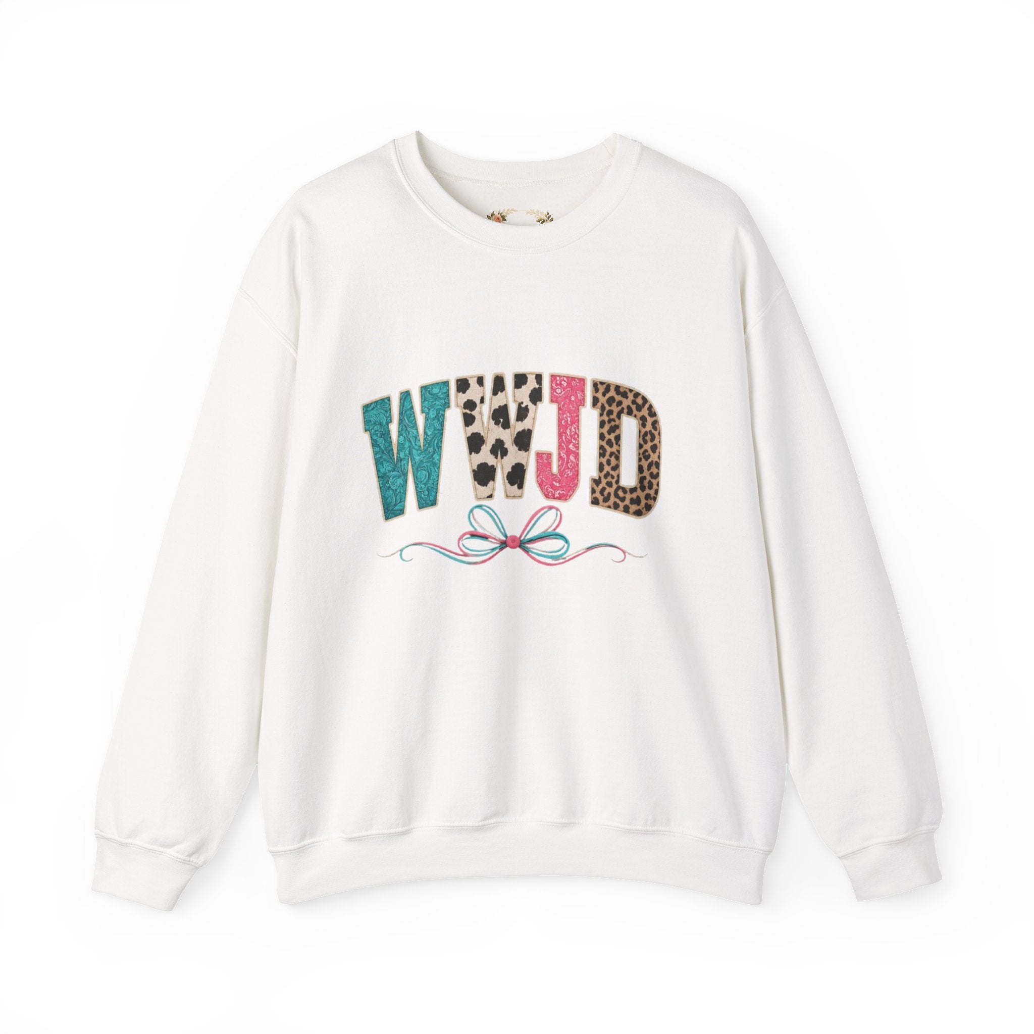 WJJD Patterned Letter Crewneck Sweatshirt — Leopard & Turquoise Accent
