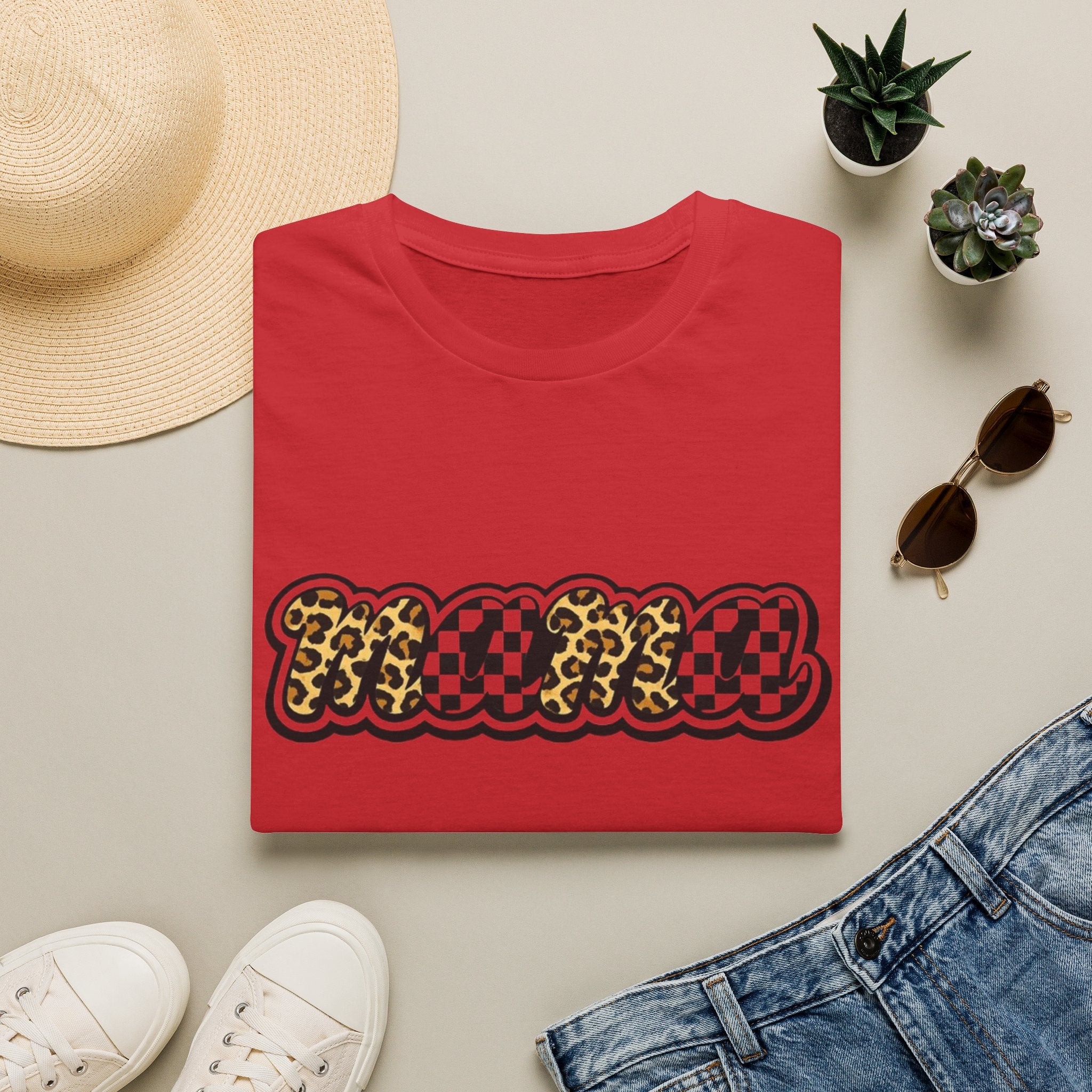 T-Shirt — 'Mama' Leopard & Checkerboard Retro Graphic Tee