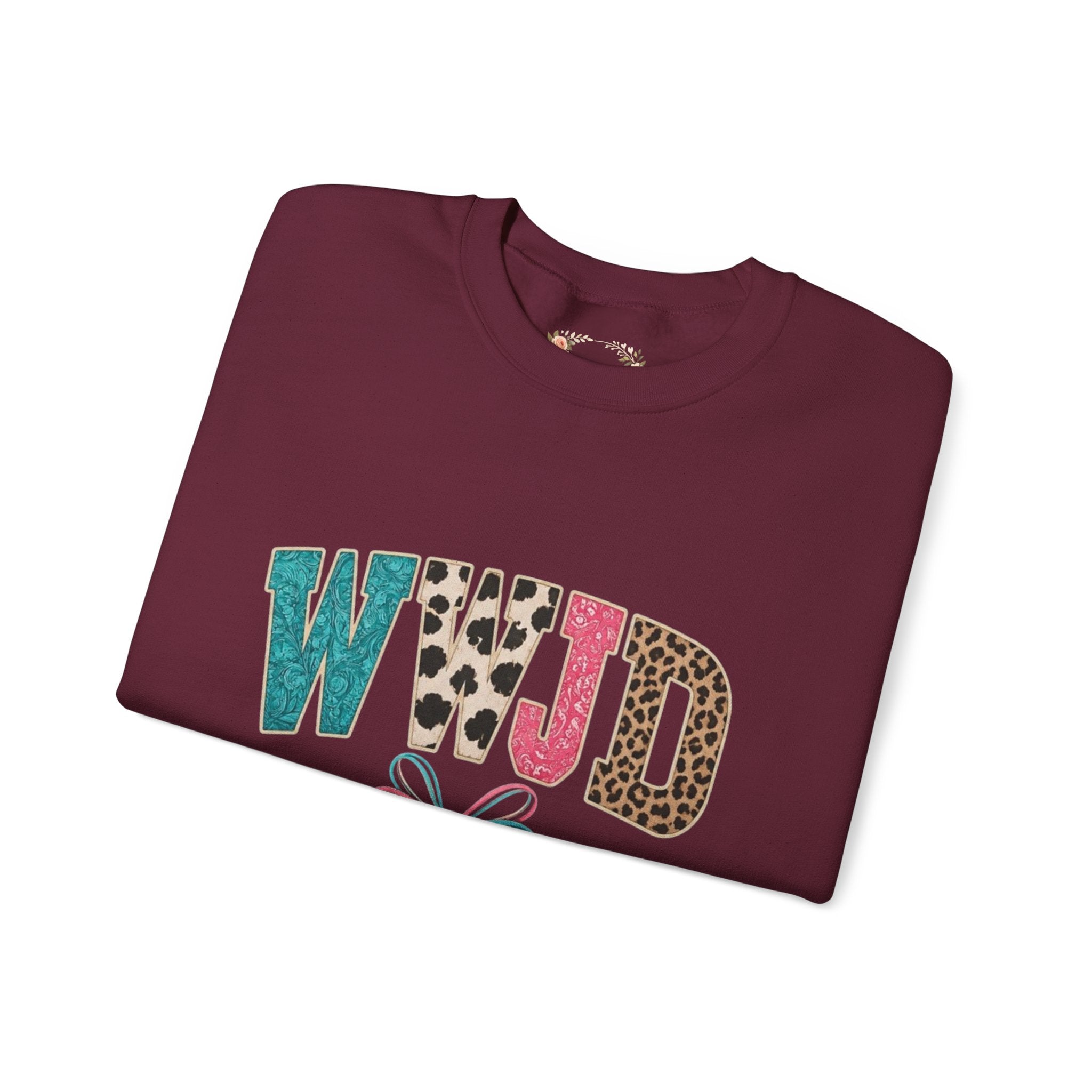 WJJD Patterned Letter Crewneck Sweatshirt — Leopard & Turquoise Accent