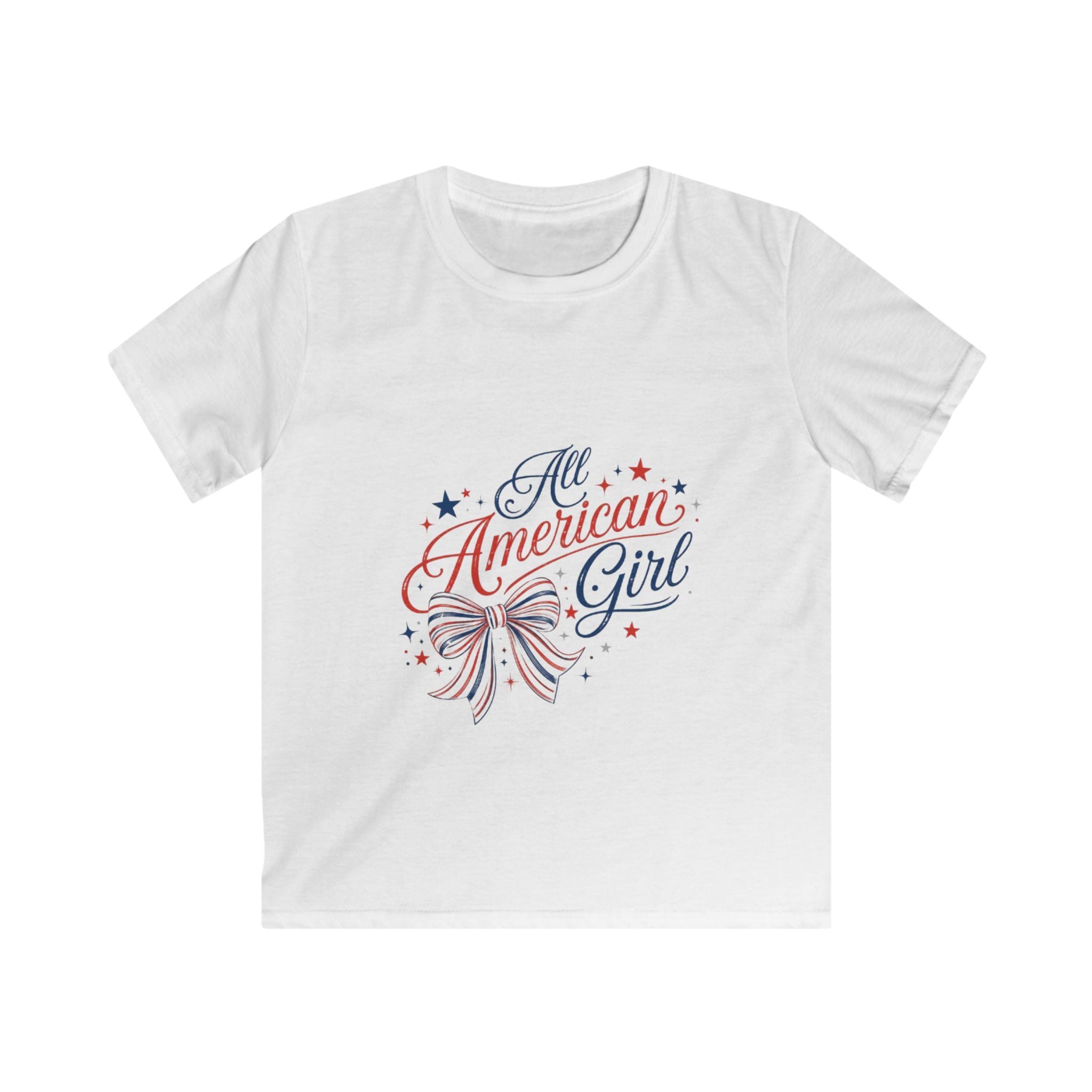 All American Girl Kids Tee – Patriotic 4th of July Shirt with Red White Blue Bow