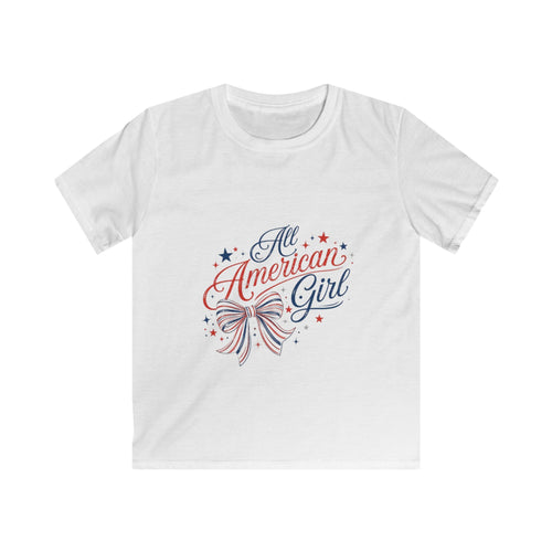All American Girl Kids Tee – Patriotic 4th of July Shirt with Red White Blue Bow