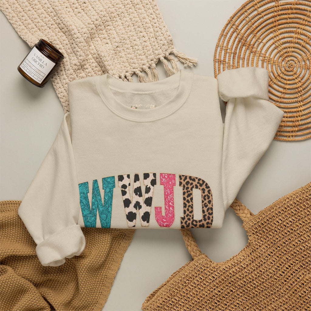 WJJD Patterned Letter Crewneck Sweatshirt — Leopard & Turquoise Accent