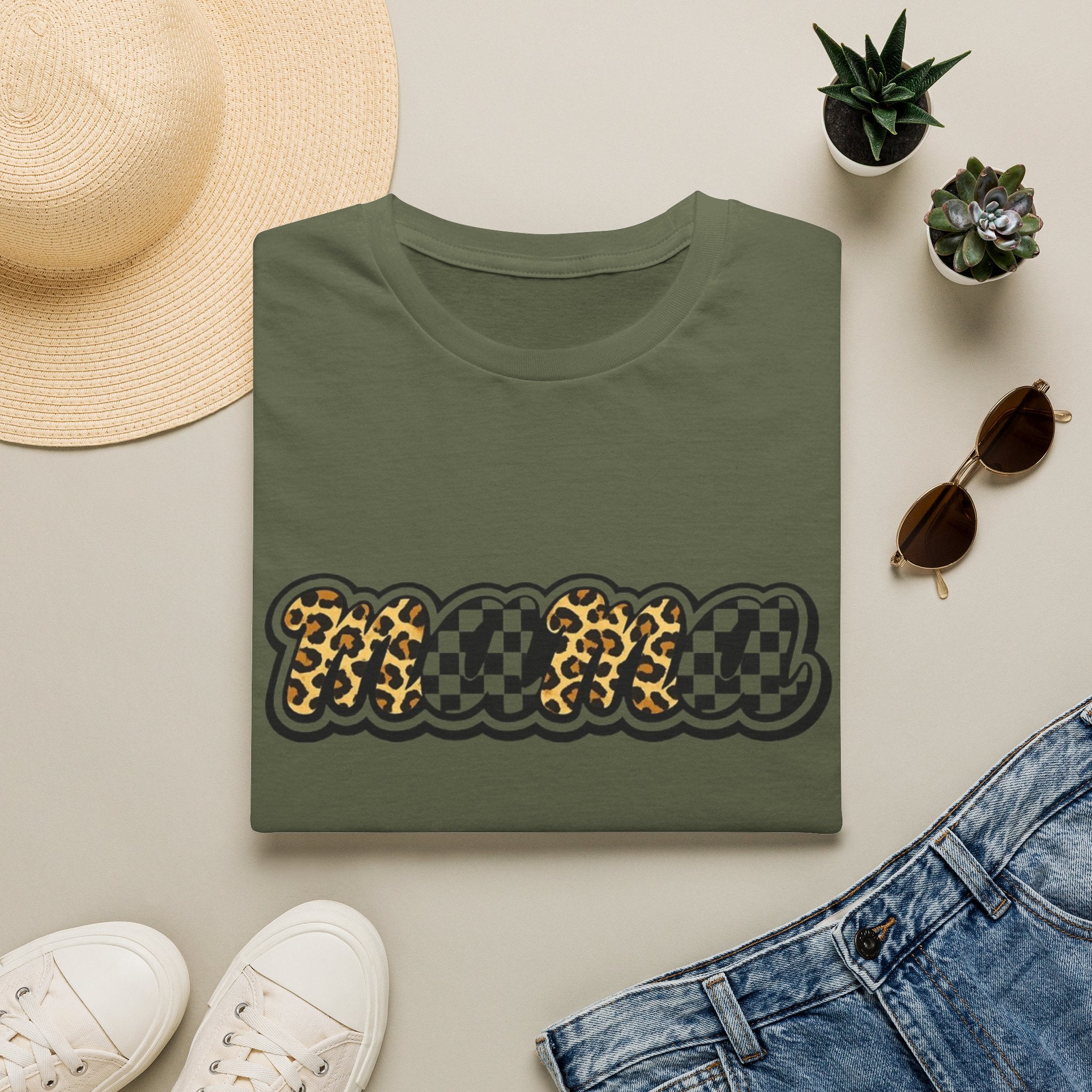 T-Shirt — 'Mama' Leopard & Checkerboard Retro Graphic Tee