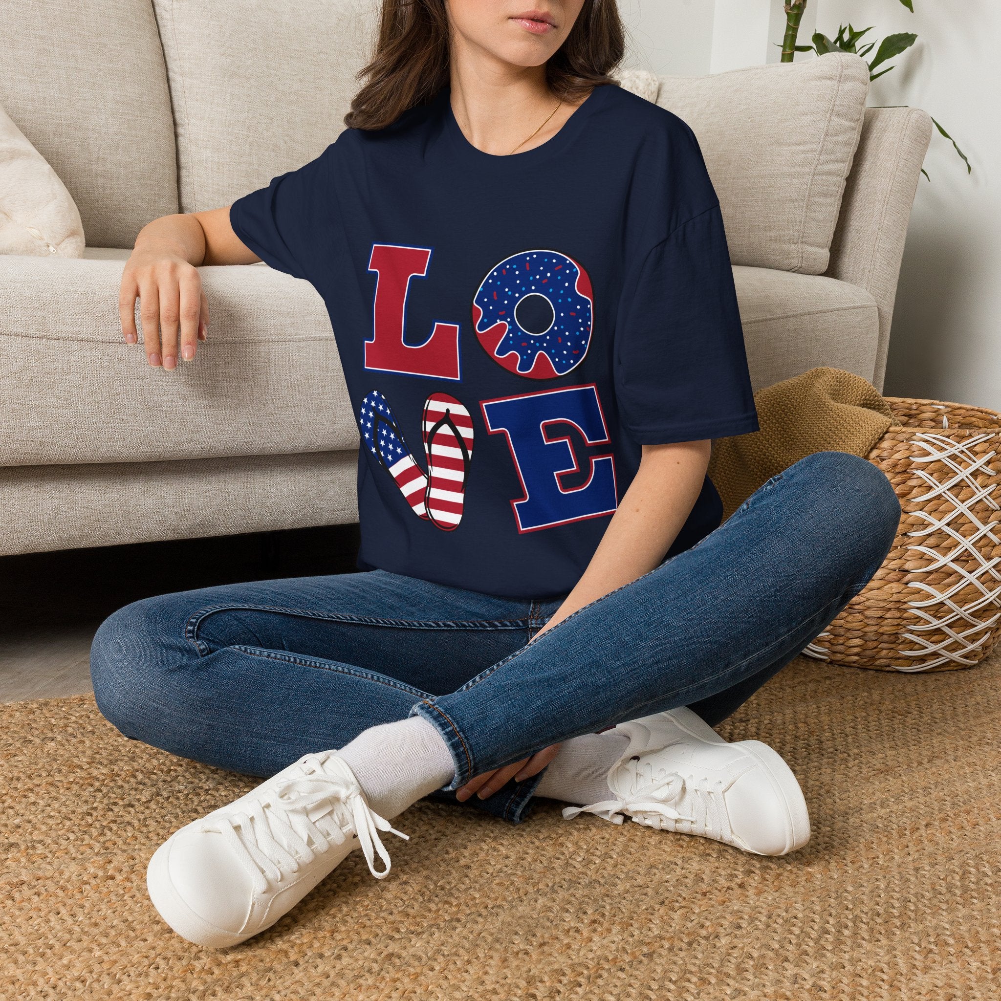 Patriotic 'LOVE' T-Shirt — American Flag Donut & Flip-Flop Graphic Tee