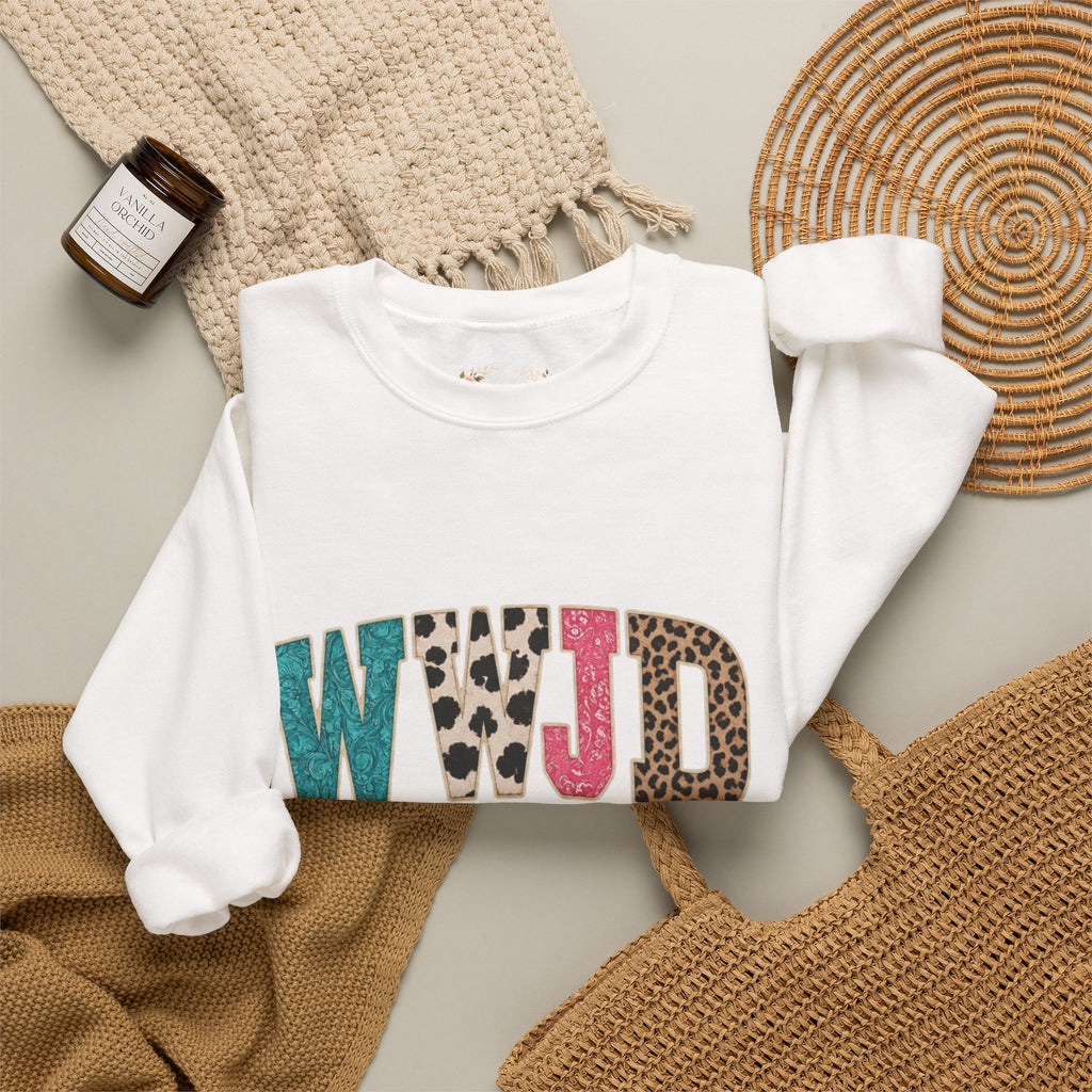 WJJD Patterned Letter Crewneck Sweatshirt — Leopard & Turquoise Accent