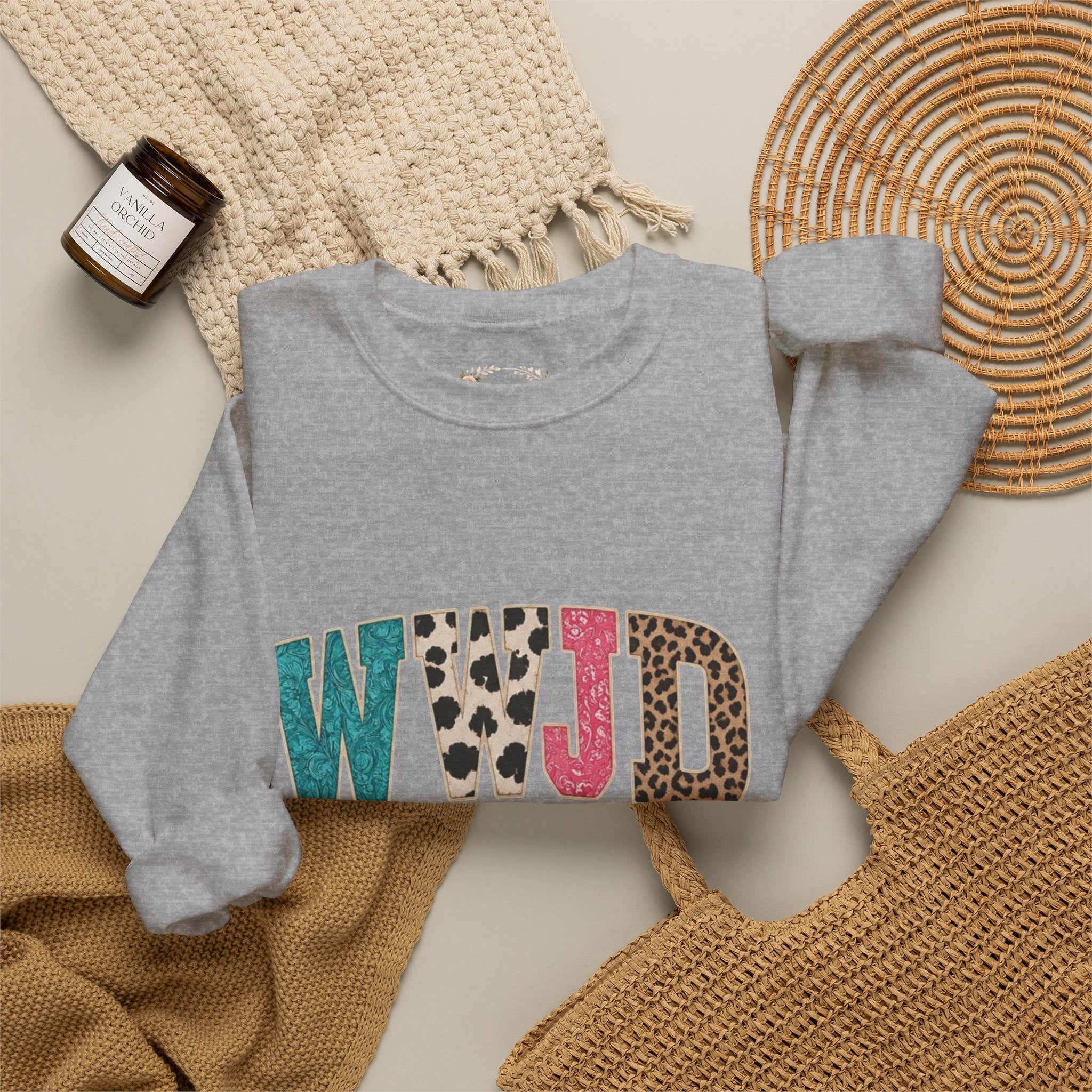 WJJD Patterned Letter Crewneck Sweatshirt — Leopard & Turquoise Accent