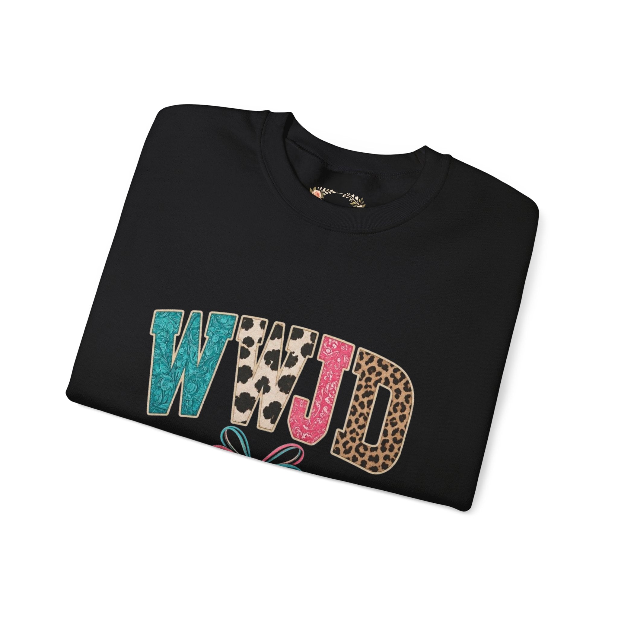 WJJD Patterned Letter Crewneck Sweatshirt — Leopard & Turquoise Accent