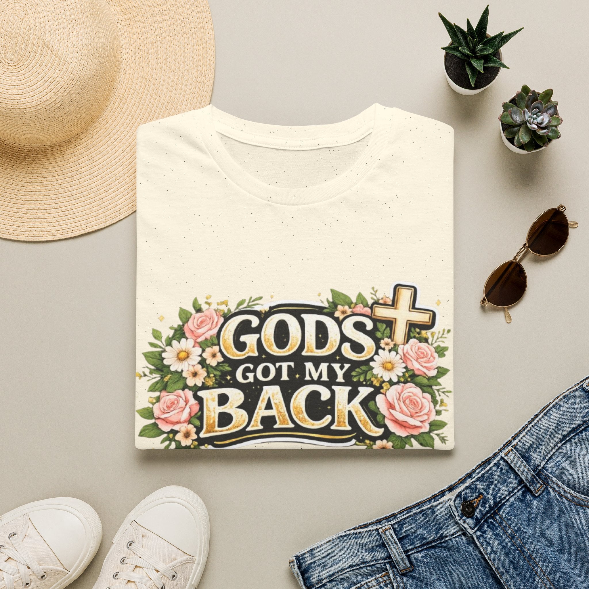 Faith T-Shirt — "God's Got My Back" Floral Cross Christian Tee