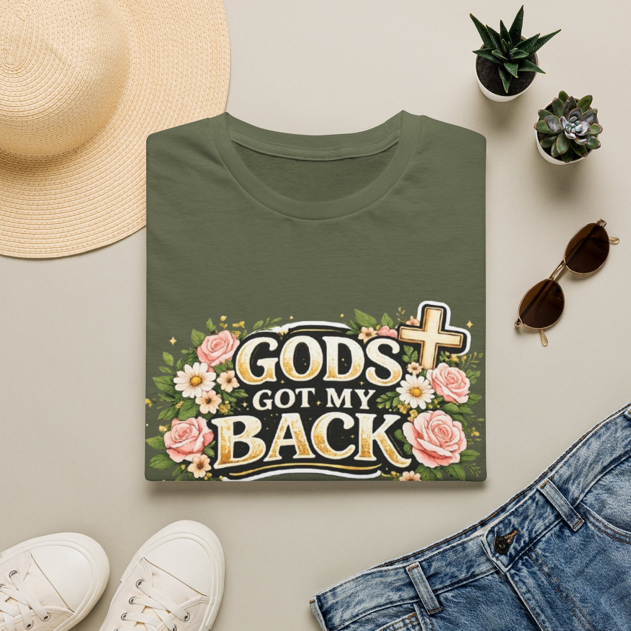 Faith T-Shirt — "God's Got My Back" Floral Cross Christian Tee