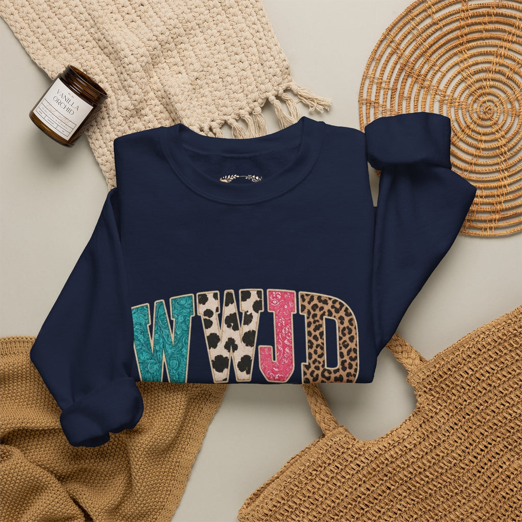 WJJD Patterned Letter Crewneck Sweatshirt — Leopard & Turquoise Accent