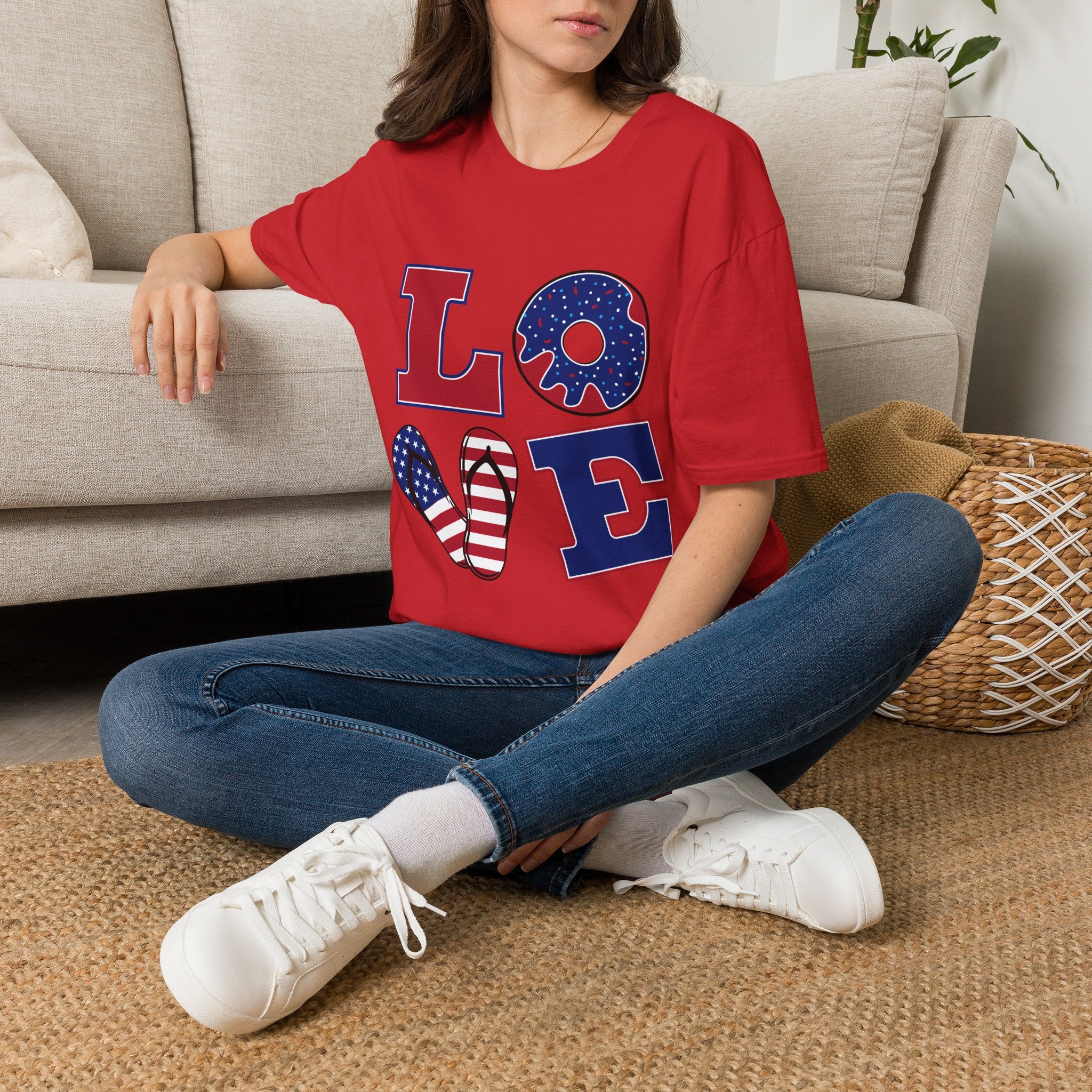 Patriotic 'LOVE' T-Shirt — American Flag Donut & Flip-Flop Graphic Tee