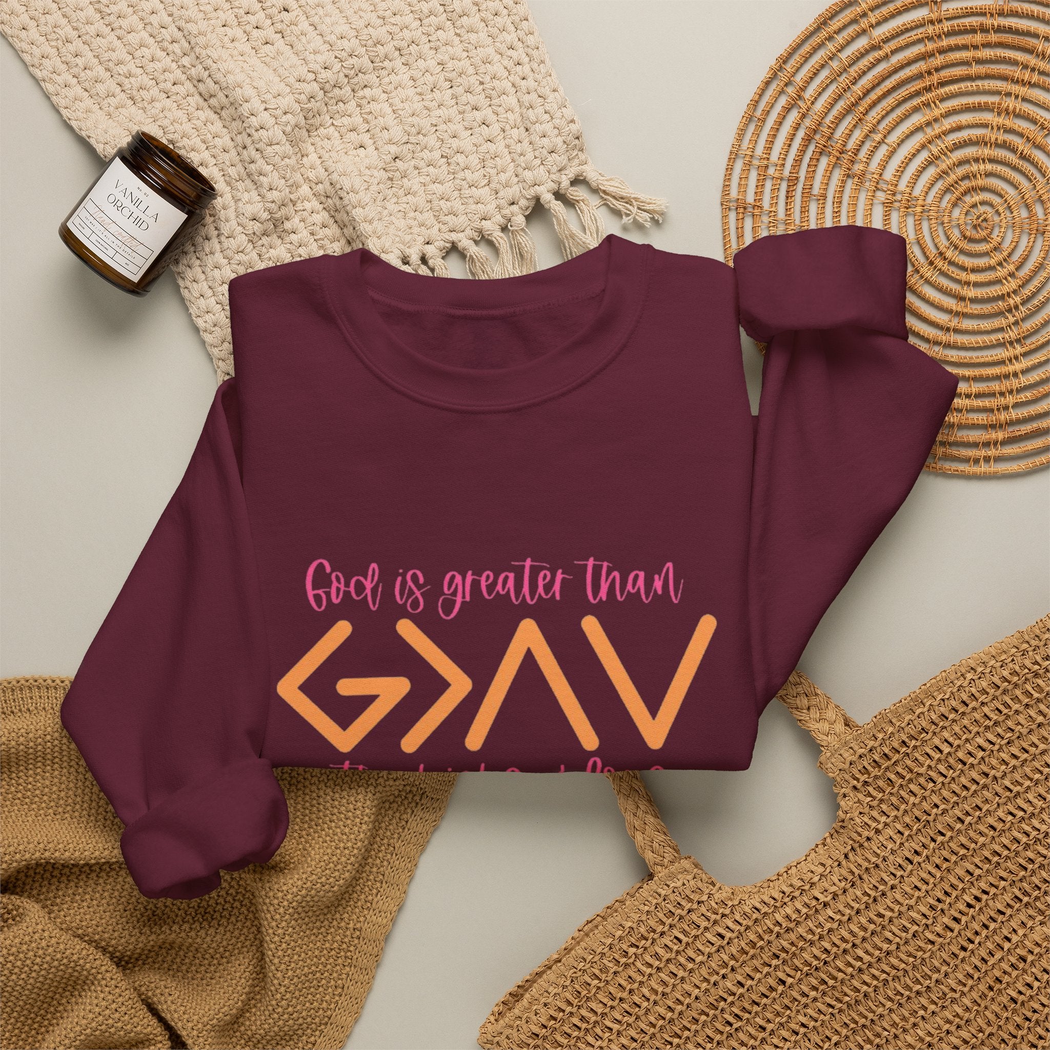 Christian Crewneck Sweatshirt — "God Is Greater Than The Highs & Lows" Inspirational Pullover