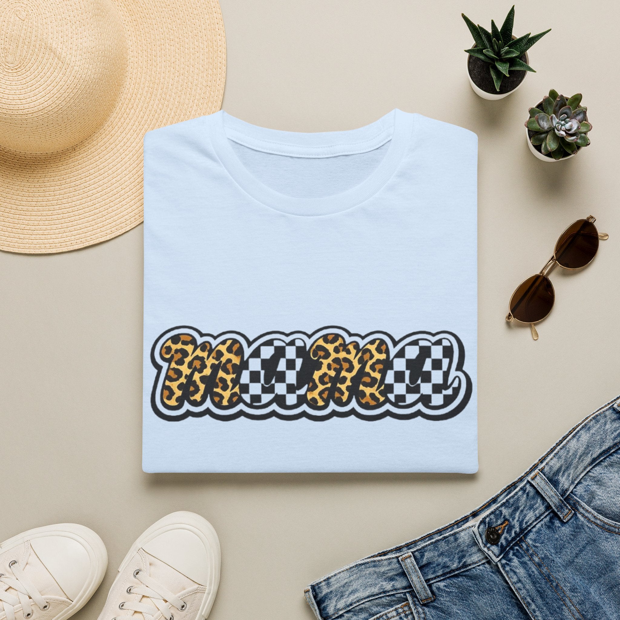 T-Shirt — 'Mama' Leopard & Checkerboard Retro Graphic Tee