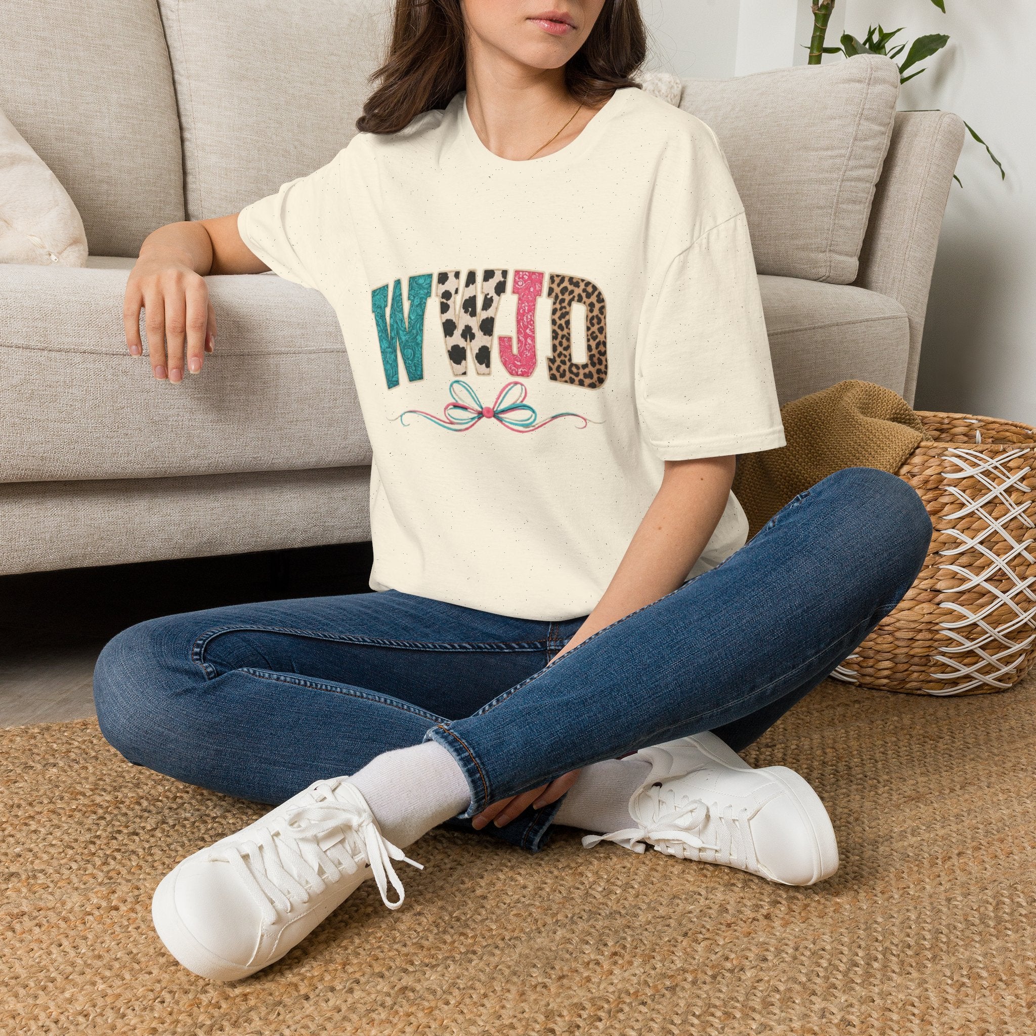 WWJD Leopard & Teal Graphic T-Shirt — Vintage Bow Faith Tee