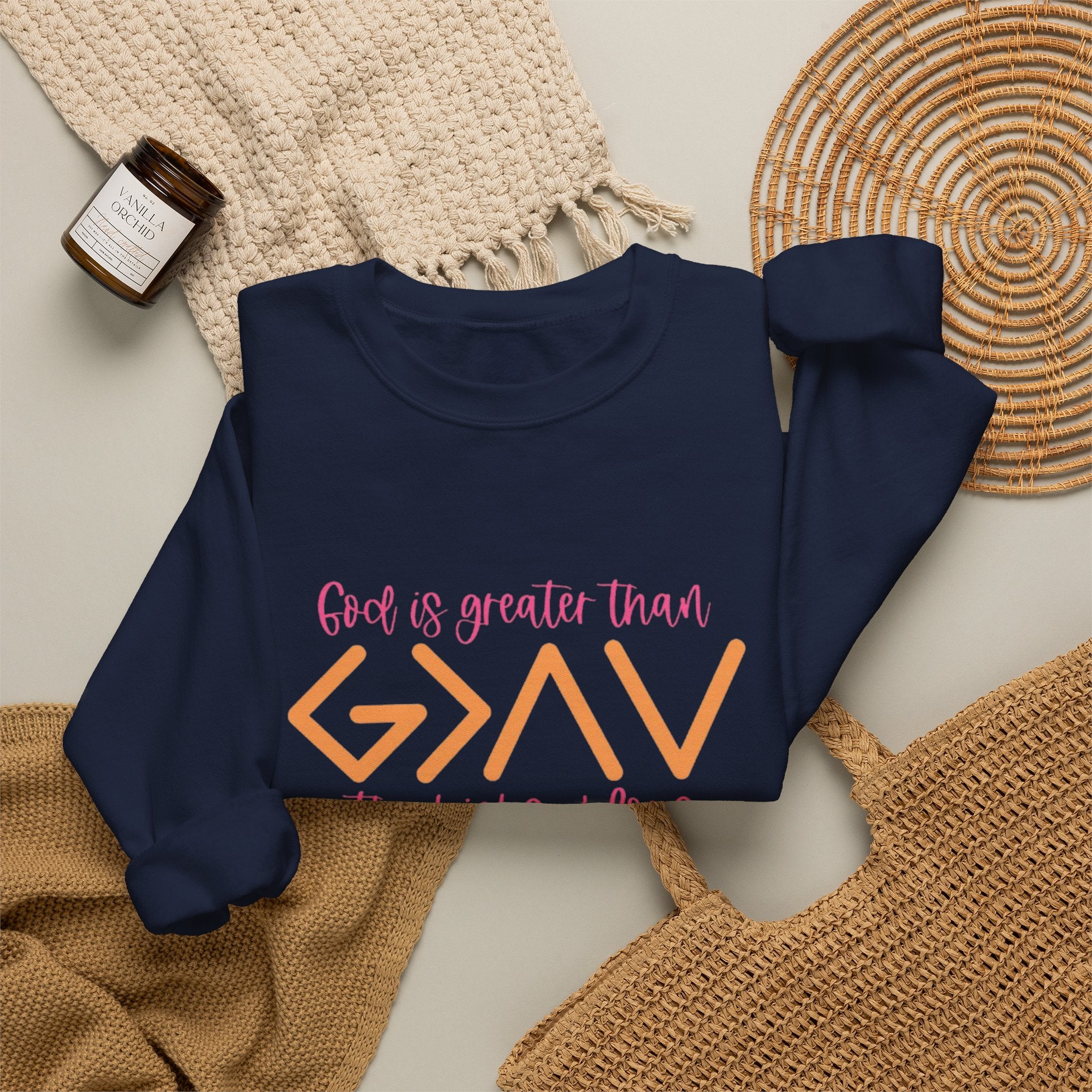 Christian Crewneck Sweatshirt — "God Is Greater Than The Highs & Lows" Inspirational Pullover