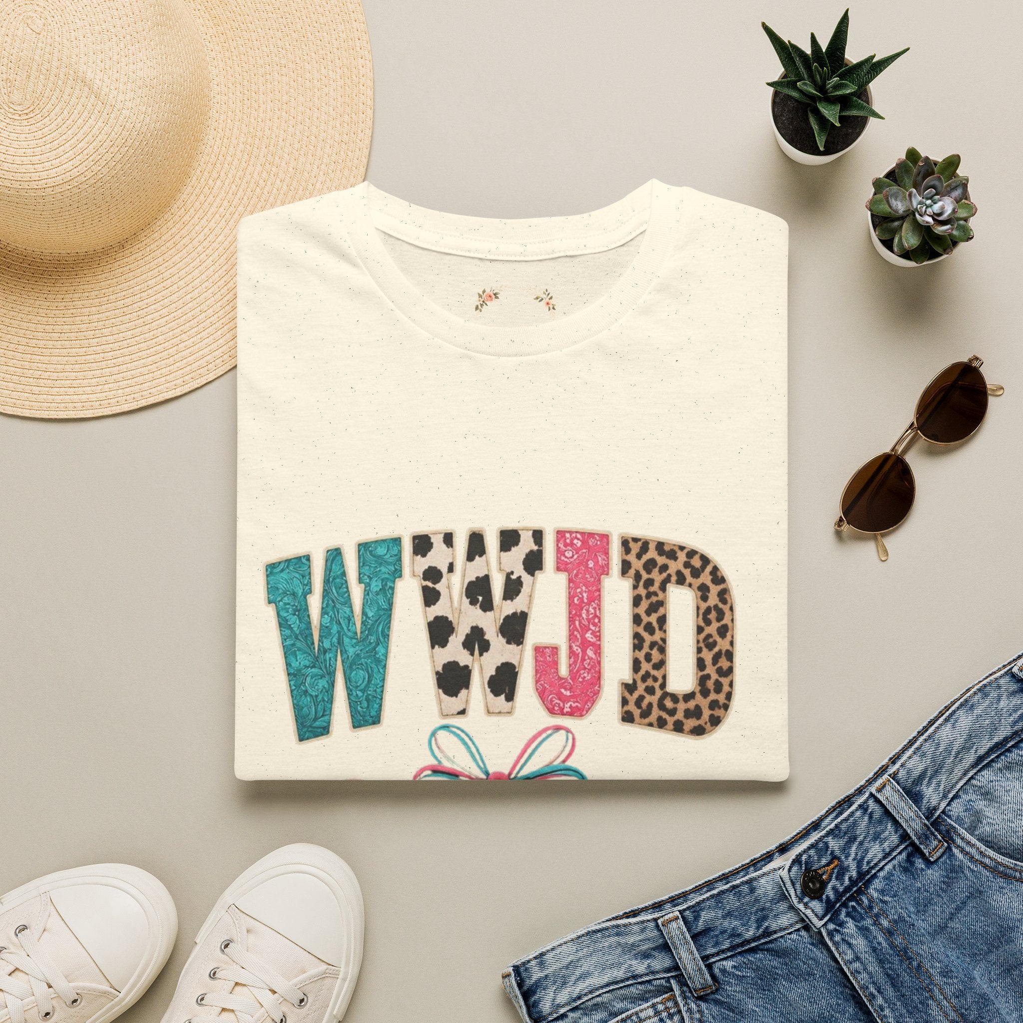 WWJD Leopard & Teal Graphic T-Shirt — Vintage Bow Faith Tee