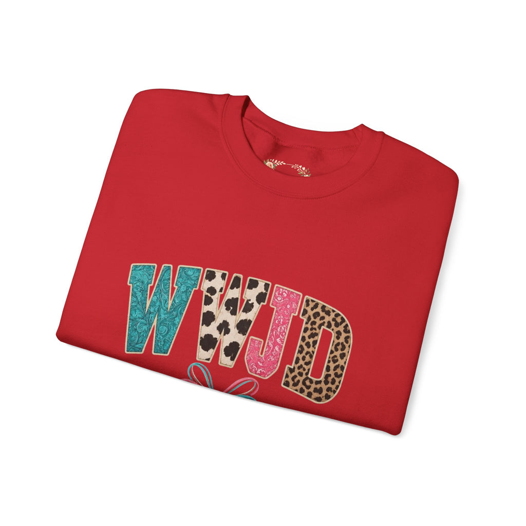 WJJD Patterned Letter Crewneck Sweatshirt — Leopard & Turquoise Accent