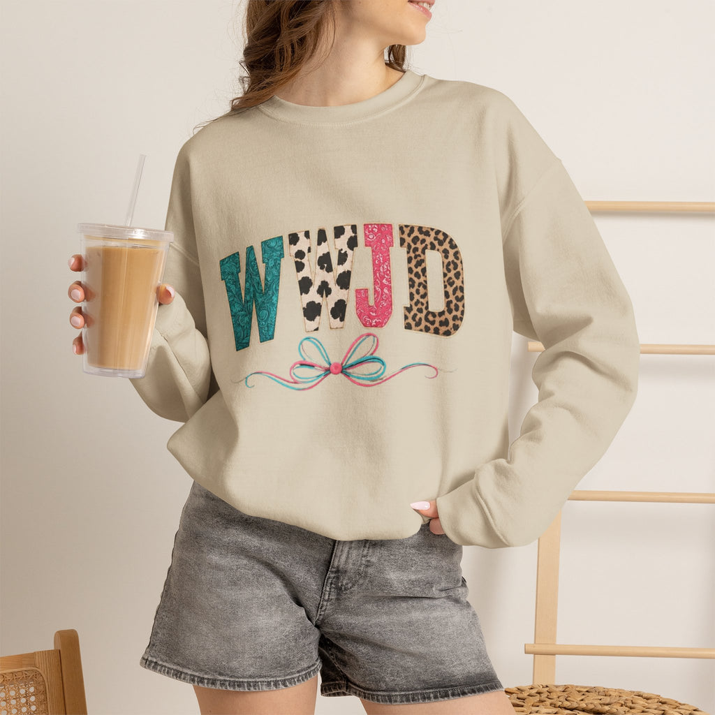 WJJD Patterned Letter Crewneck Sweatshirt — Leopard & Turquoise Accent
