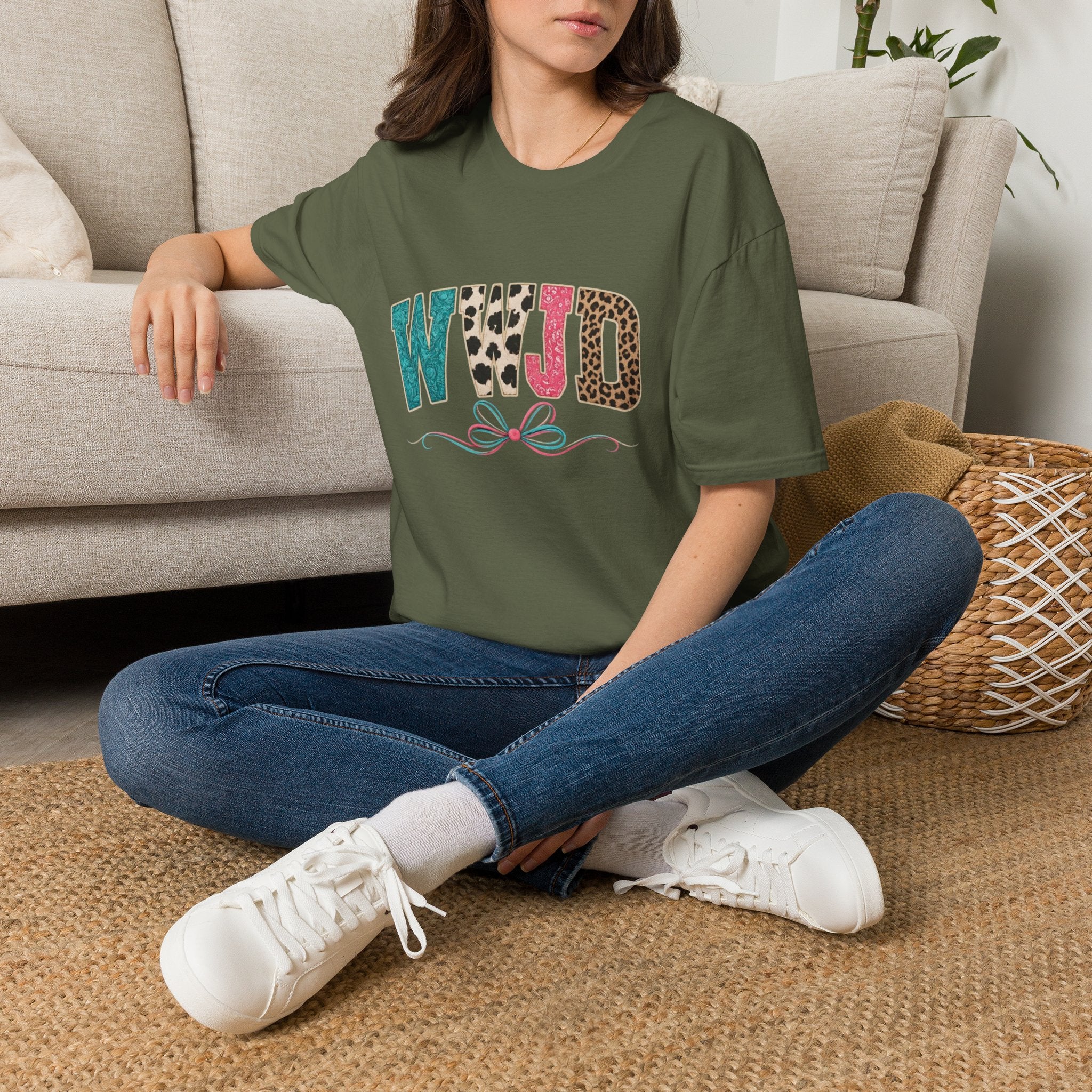 WWJD Leopard & Teal Graphic T-Shirt — Vintage Bow Faith Tee