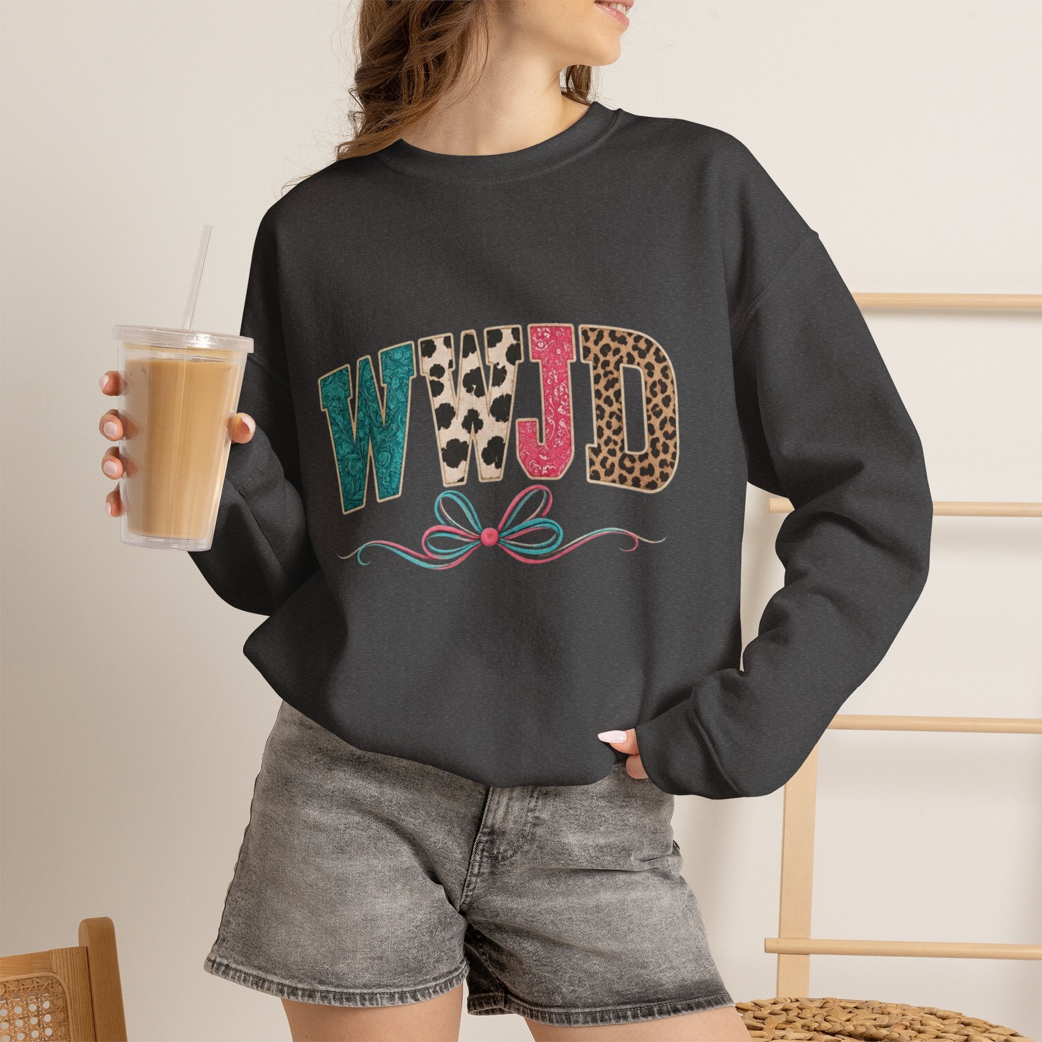 WJJD Patterned Letter Crewneck Sweatshirt — Leopard & Turquoise Accent