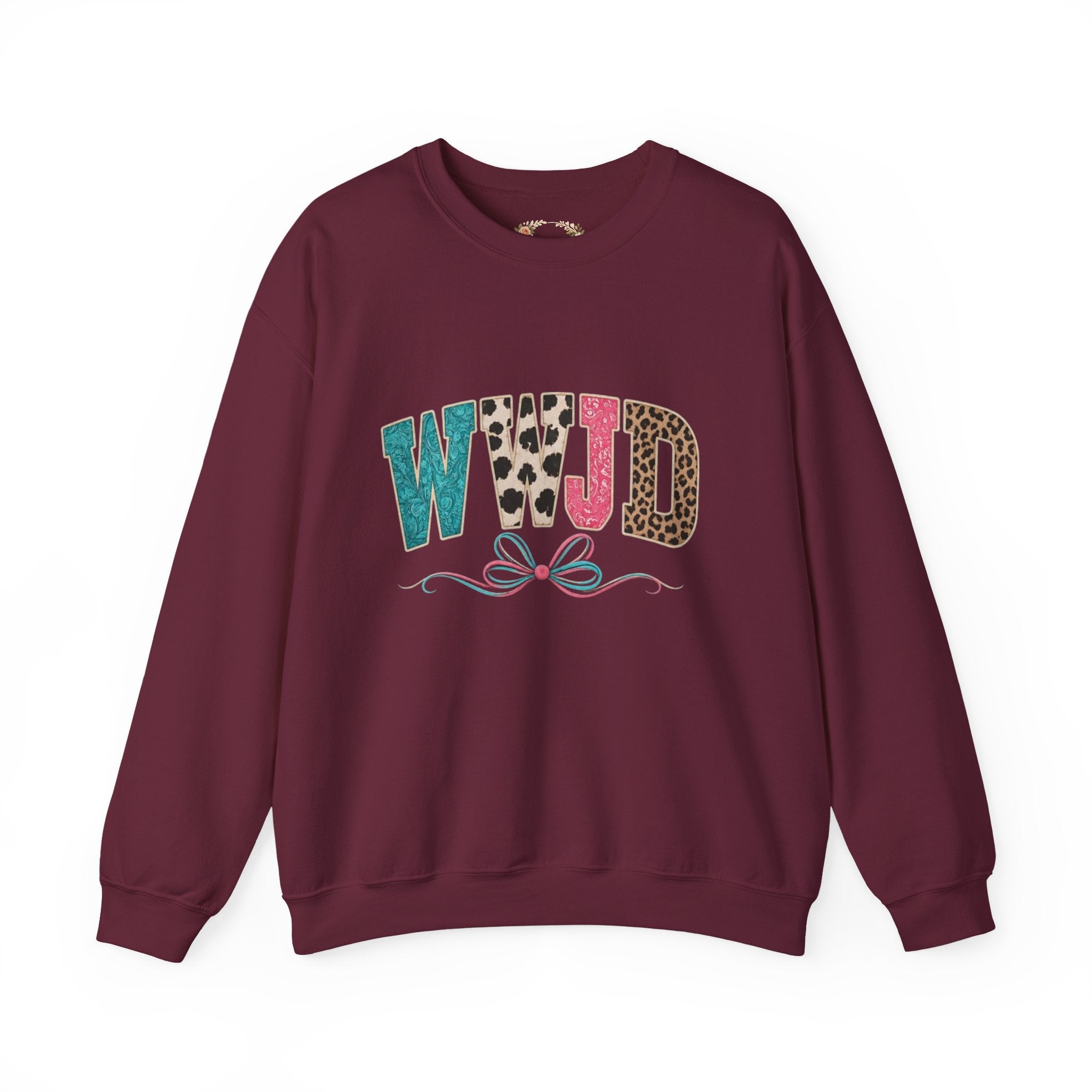 WJJD Patterned Letter Crewneck Sweatshirt — Leopard & Turquoise Accent