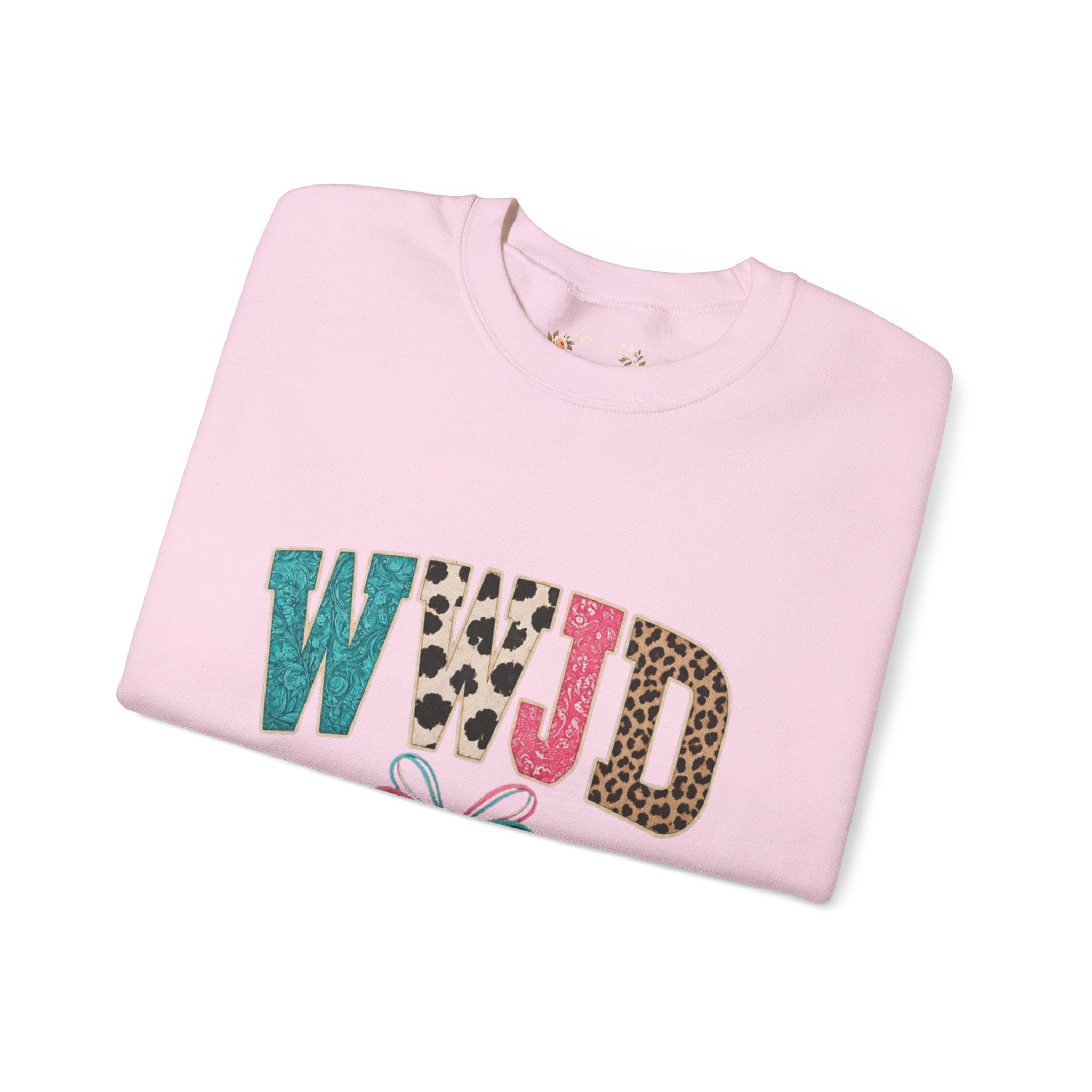 WJJD Patterned Letter Crewneck Sweatshirt — Leopard & Turquoise Accent