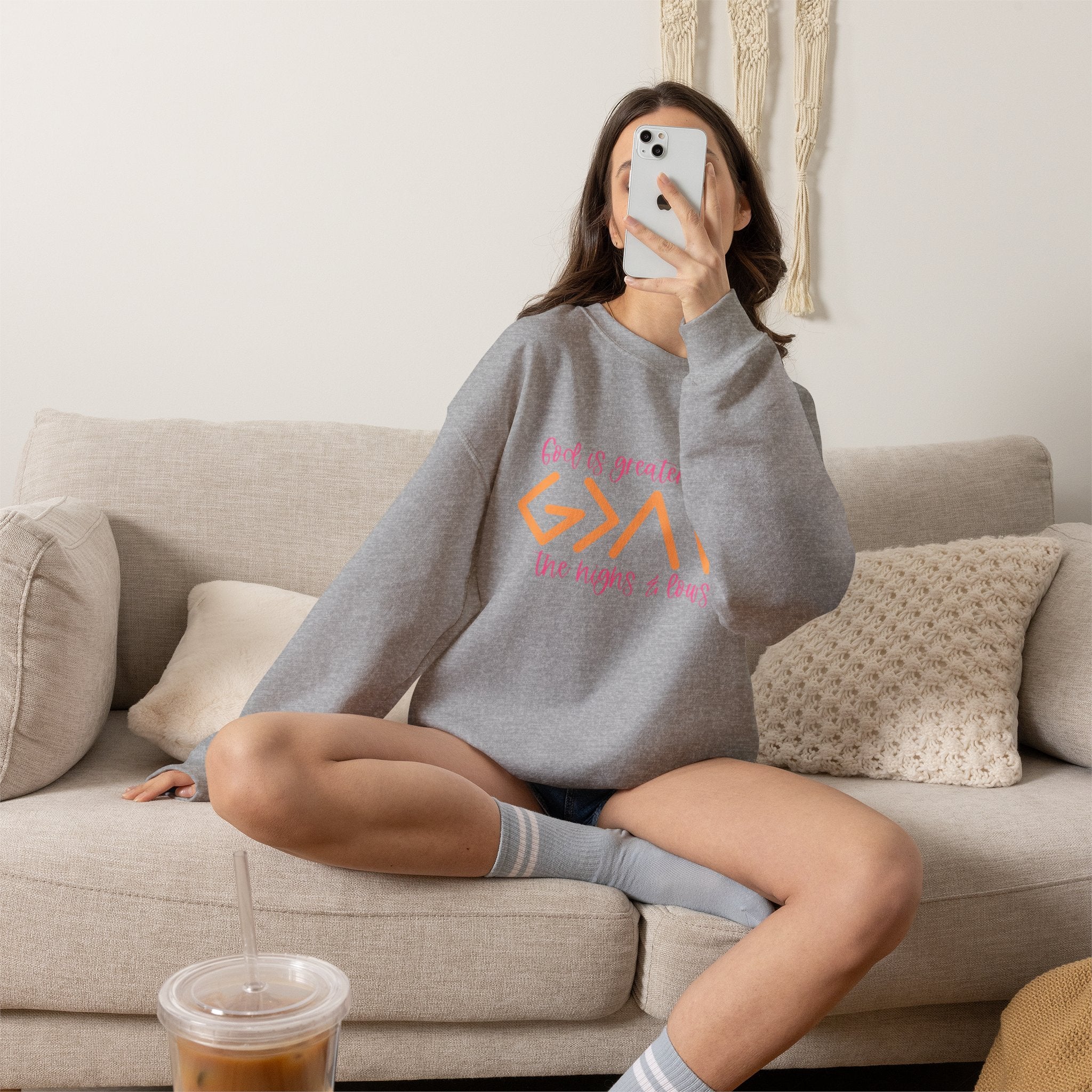 Christian Crewneck Sweatshirt — "God Is Greater Than The Highs & Lows" Inspirational Pullover